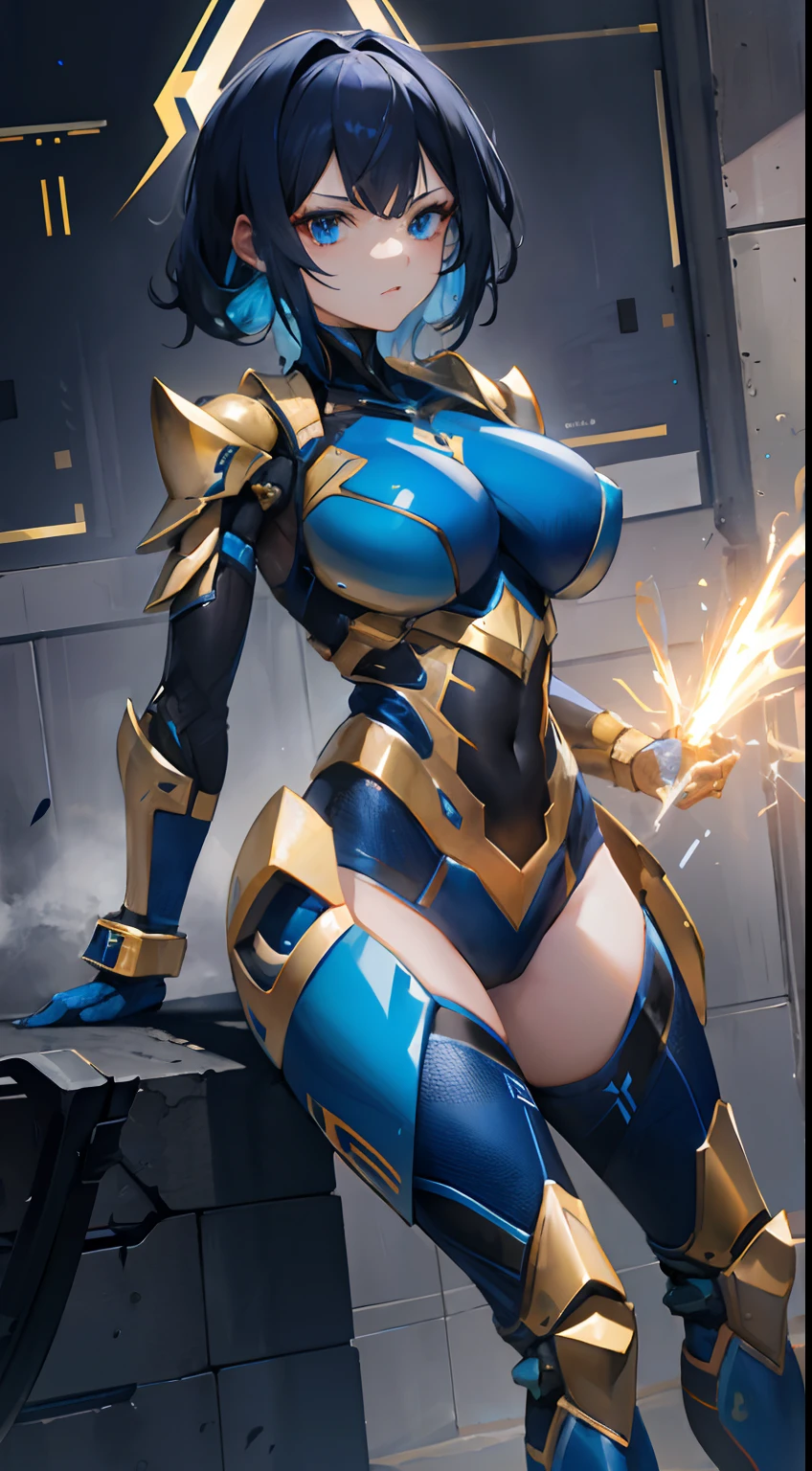 4K, Masterpiece, A high resolution, absurderes,, Thunderball, A woman in blue and gold armor ,wearing edgThunderstruck_Armor, electrified, weilding thunder,