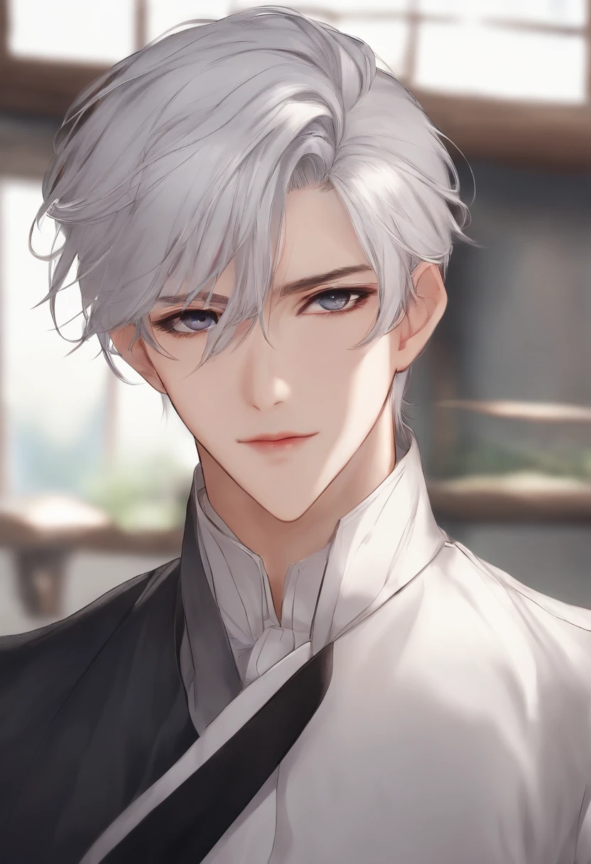 1boy、Adult male、Cool and sexy men、silber hair(Hair is tied back)、Sexy look、Slender eyes、Erotic face、anime illustrated、top-quality、Plain background