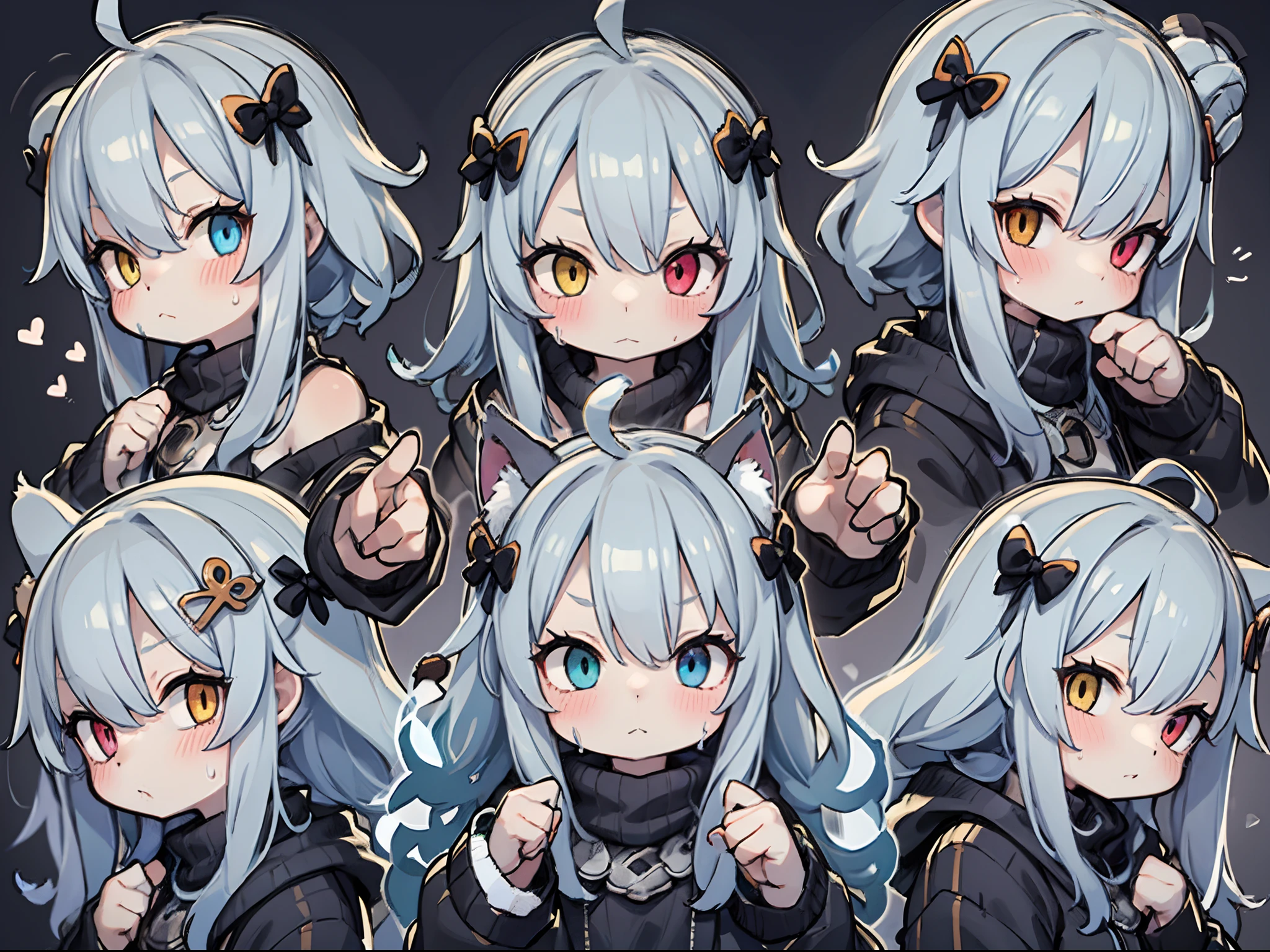 9 poses and expressions,9 Panel grid,9 Emotions and expressions,9 emojis,1boys,Blush,multiple views,hair adornments,cropped shoulders,Closed mouth,Sweater,view the viewer,Machine whole body,By bangs,V-shaped eyebrows,blue hair,short detailed hair,Simple background,yellow eyes,hair between eye,:<,Jacket,ahoge,gray sweaters,Sweat,Black jacket,Turtleneck,Heterochromia,a cat tail,sense of science and technology,Blue-black background