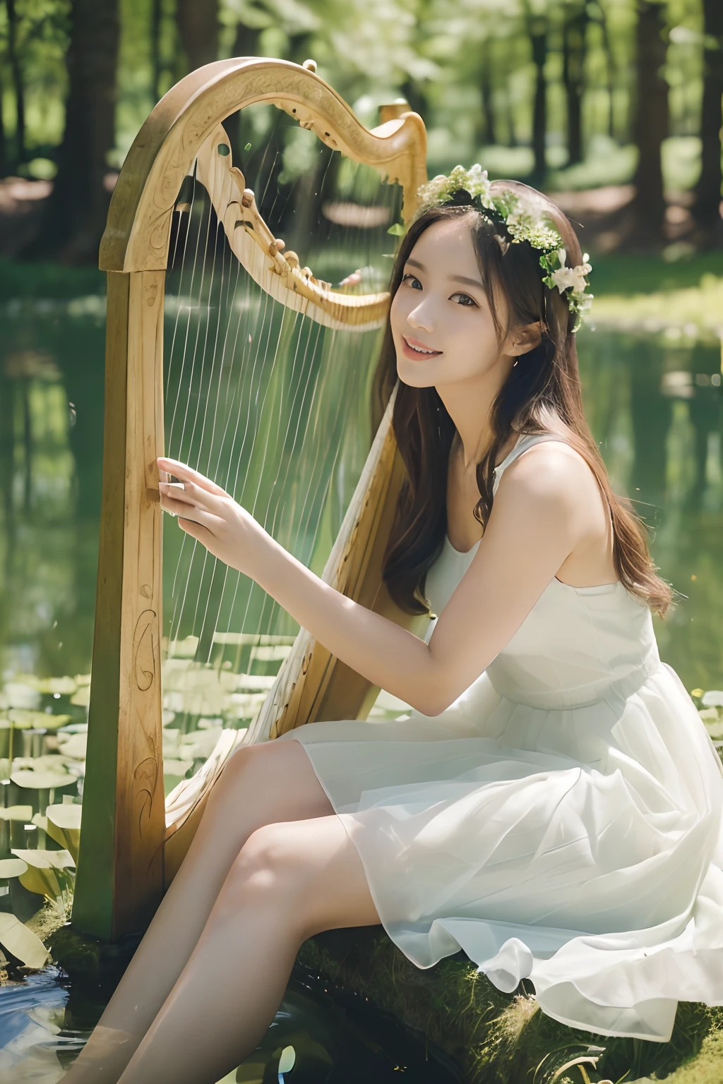 (((The beauty of playing a small harp,Perfect Harp,Detailed and intricate harp,How to play the harp correctly,Perfect detail of a small harp,On the shore of a pond in the depths of a fantastic and beautiful forest,Photo from the knee up))),((Yellow-green and white princess dress,the flower crown,Perfect makeup,A slender,Breasts are big)),(((Surrounded by a pond,clear water,Sit on an island surrounded by beautiful ponds,Sit on the shore of the pond,Sit on the pond hill,Being out of the pond))),((Playing the smaller harp,Half Japan and half Spanish, 25-years old,Perfect face,)),((Sacred Forest Trees々Sunlight shining in from between,Turn to this,View here,Play gracefully,Perfect fingers,perfect arms,A beautiful smile is staring at me,Graceful and beautiful)),((Forest of Illusions,细致背景,top-quality,The ultra -The high-definition,Perfect Anatomy,high-definition RAW color photography,professional photograpy, extremely delicate and beautiful, Extremely detailed,finely detail, Huge file size,Top image quality,8K,Photos taken with a single-lens reflex camera,Award-Winning Works,masutepiece))