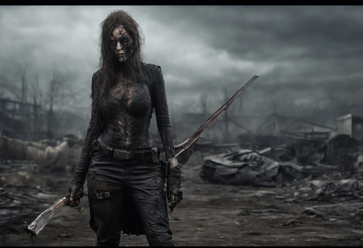(a futuristic female cannibal meat hunter with a kill), (cleavage), (simple handmade jewelry), RAW photo, (highly detailed skin:1.2), photography, masterpiece, best quality, ultra-detailed face, detailed eyes, extreme detail and resolution ((No close-up)), ((desolate post apocalyptic background))