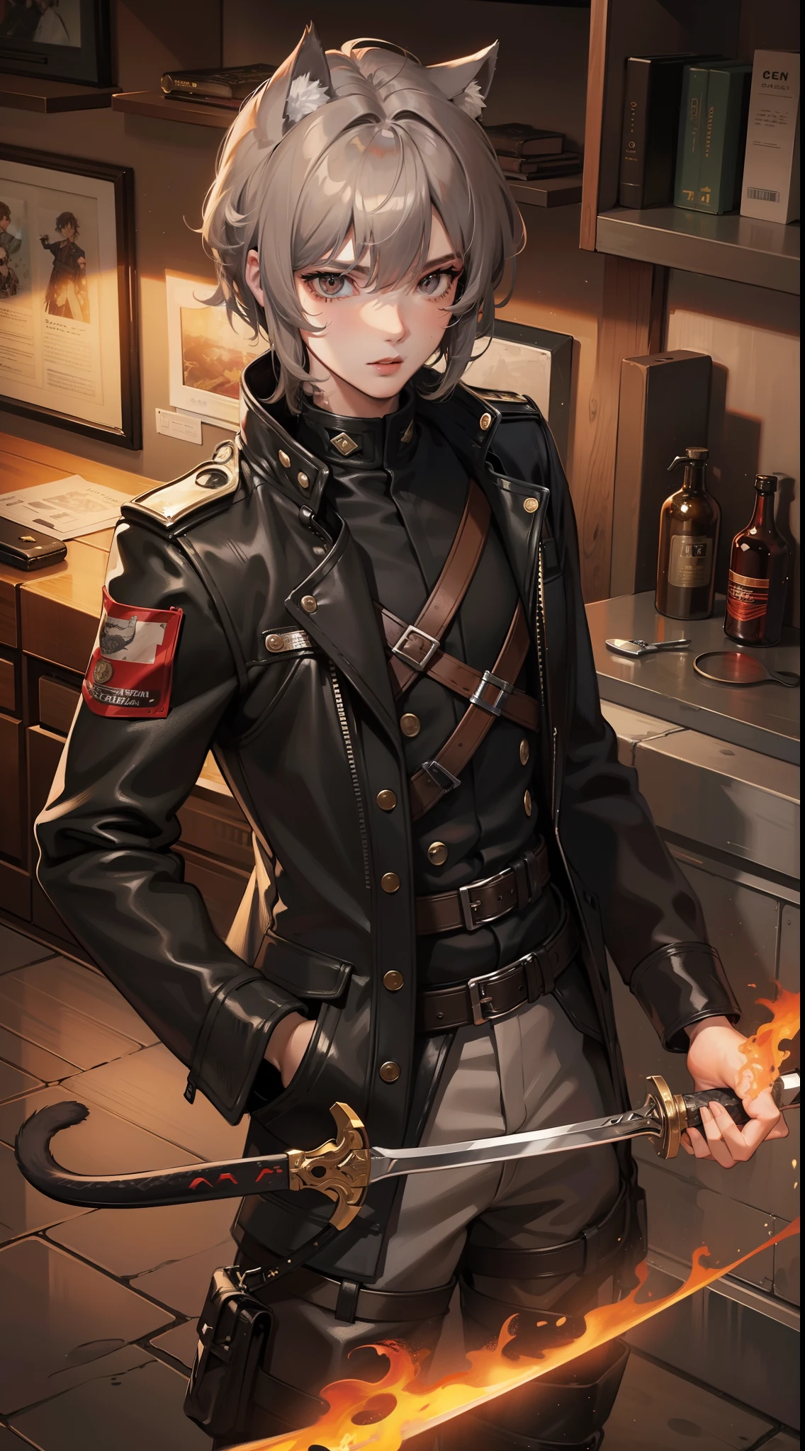 Young guy, gray curly hair, Bob hairstyle, brown eye, cat ears, Grey Combat Jacket, breeches, claws, fiery sword, Masterpiece, hiquality, 4k, HD, Good detail