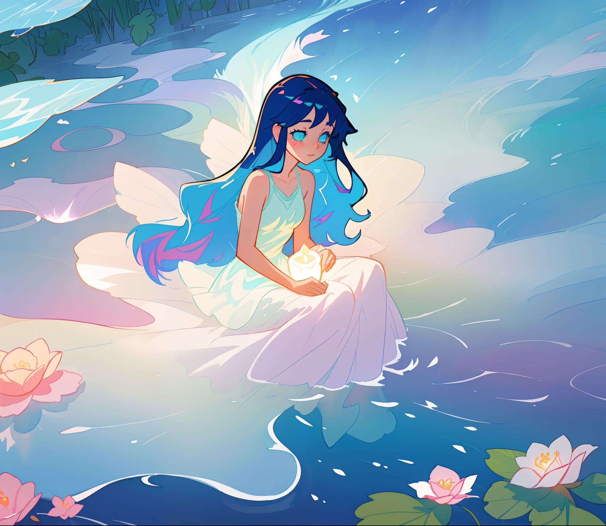 beautiful  girl covered by seafoam, long dark hair, beautiful girl sitting in the water, dress made of white seafoam, water nymph, water fairy, watercolor illustration, inspired by Glen Keane, inspired by Lois van Baarle, disney art style, by Lois van Baarle, glowing aura around her, by Glen Keane, jen bartel, glowing lights! digital painting, flowing glowing hair, glowing flowing hair, beautiful digital illustration, fantasia otherworldly landscape plants flowers, beautiful, masterpiece, best quality, anime disney style