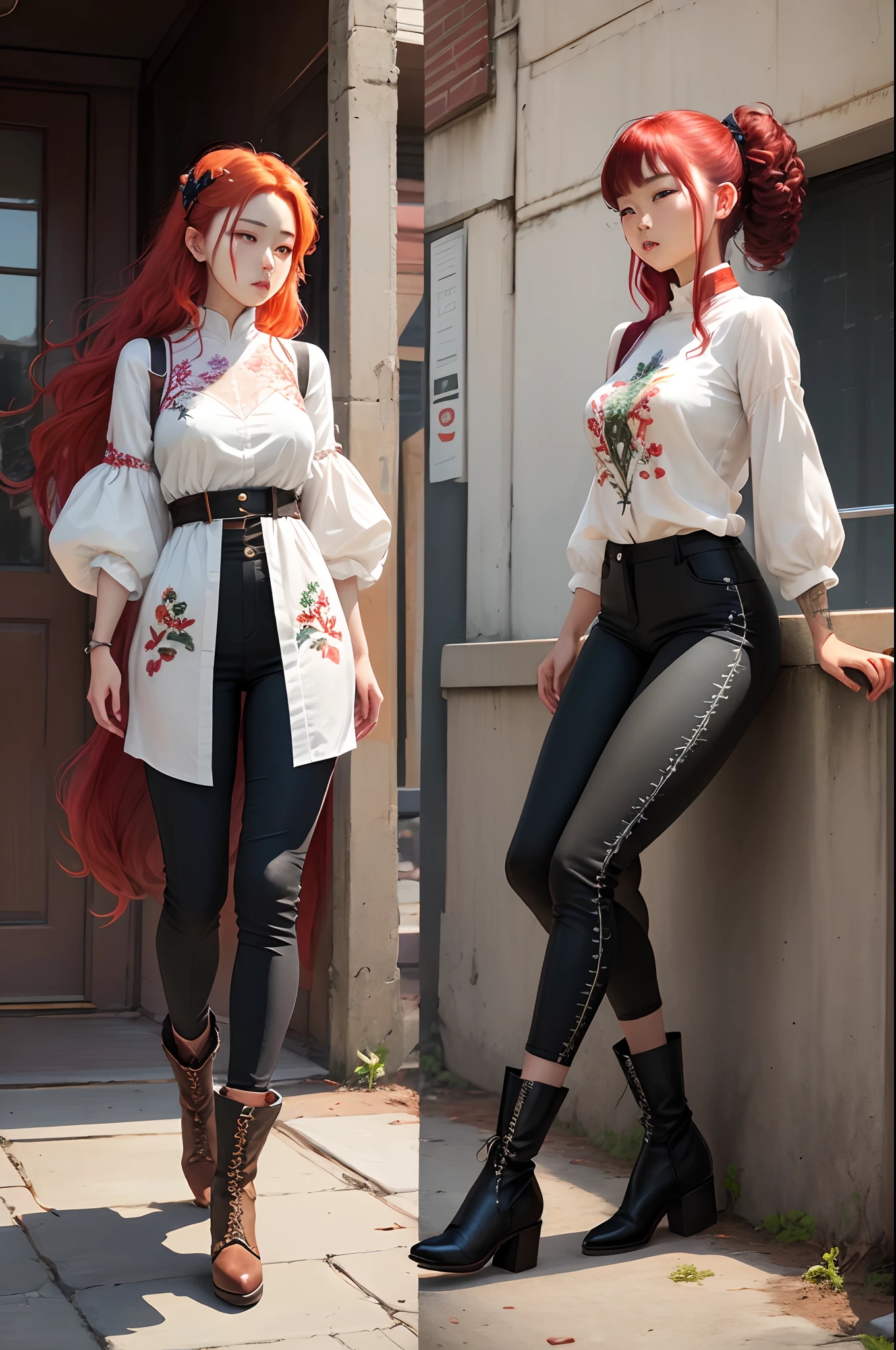 Women's Fantasy Clothing, White shirt with plant embroidery, high-top black pants, high black boots above the knee with no heels, on a red-haired girl, Art, 真实感, higly detailed