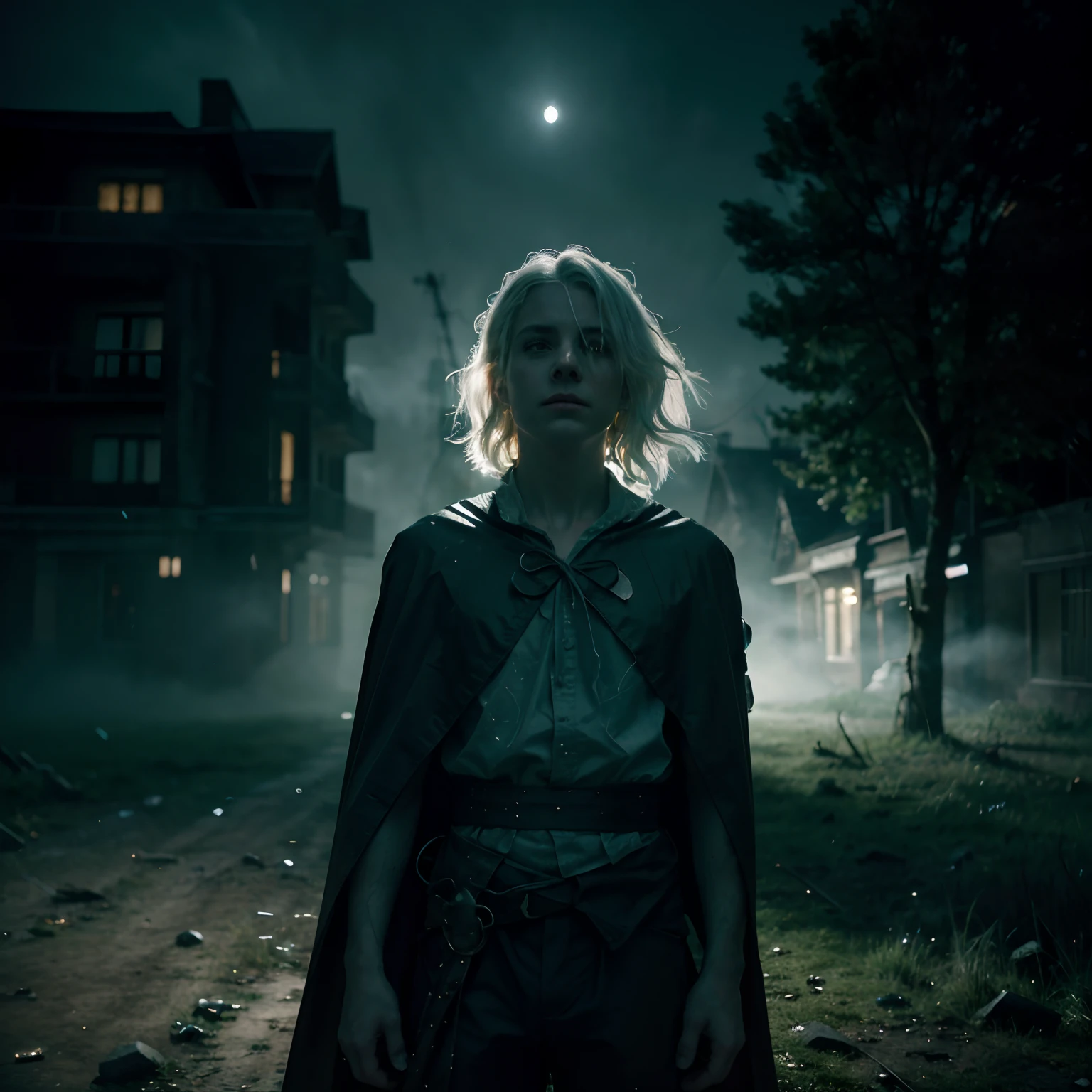 A boy with white hair and glowing green eyes, flying in a ghostly form with billowing cape, surrounded by wisps of green ectoplasm, in a dark and eerie ghost town, with dilapidated buildings and twisted trees, under a full moon. The scene is depicted in a comic book style, with bold and vibrant colors, giving a sense of energy and action. The lighting is dramatic, casting long shadows and highlighting the ghostly features of the protagonist. The artwork is of the highest quality, with ultra-detailed rendering and realistic textures. The overall color tone is cool, with shades of blue and green dominating the image. The ghostly character is shown in dynamic poses, exuding a powerful and mysterious aura. The background is filled with eerie details, such as floating objects, spooky fog, and flickering streetlights. The image is of cinematic quality, with intense and sharp focus, capturing every intricate detail.