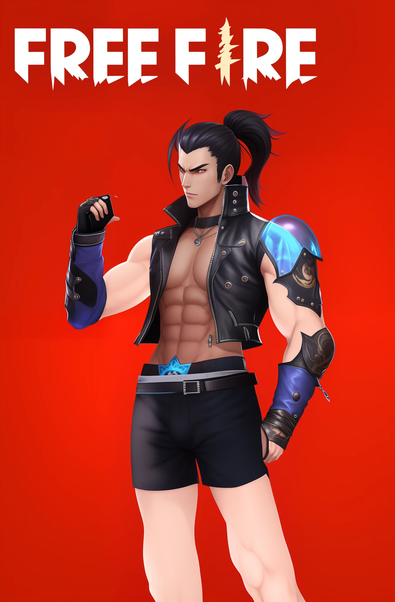 there is a man in a leather jacket and shorts holding a cell phone, as a character in tekken, fighting game character, handsome guy in demon slayer art, sylas, character from king of fighters, tsurumaki kazuya, xqc, g liulian art style, bian lian, as an overwatch character, human male character art,Muscles exposed, abs exposed, boxer underwear (black), bulge exposed, transparent shirt, transparent pants