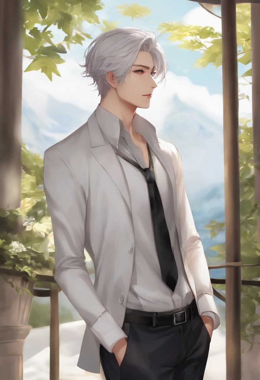 1boy、Adult male、Cool Men、silber hair(Hair is tied back)、Sexy look、Slender eyes、エロ、animesque、illustratio、top-quality、Plain background