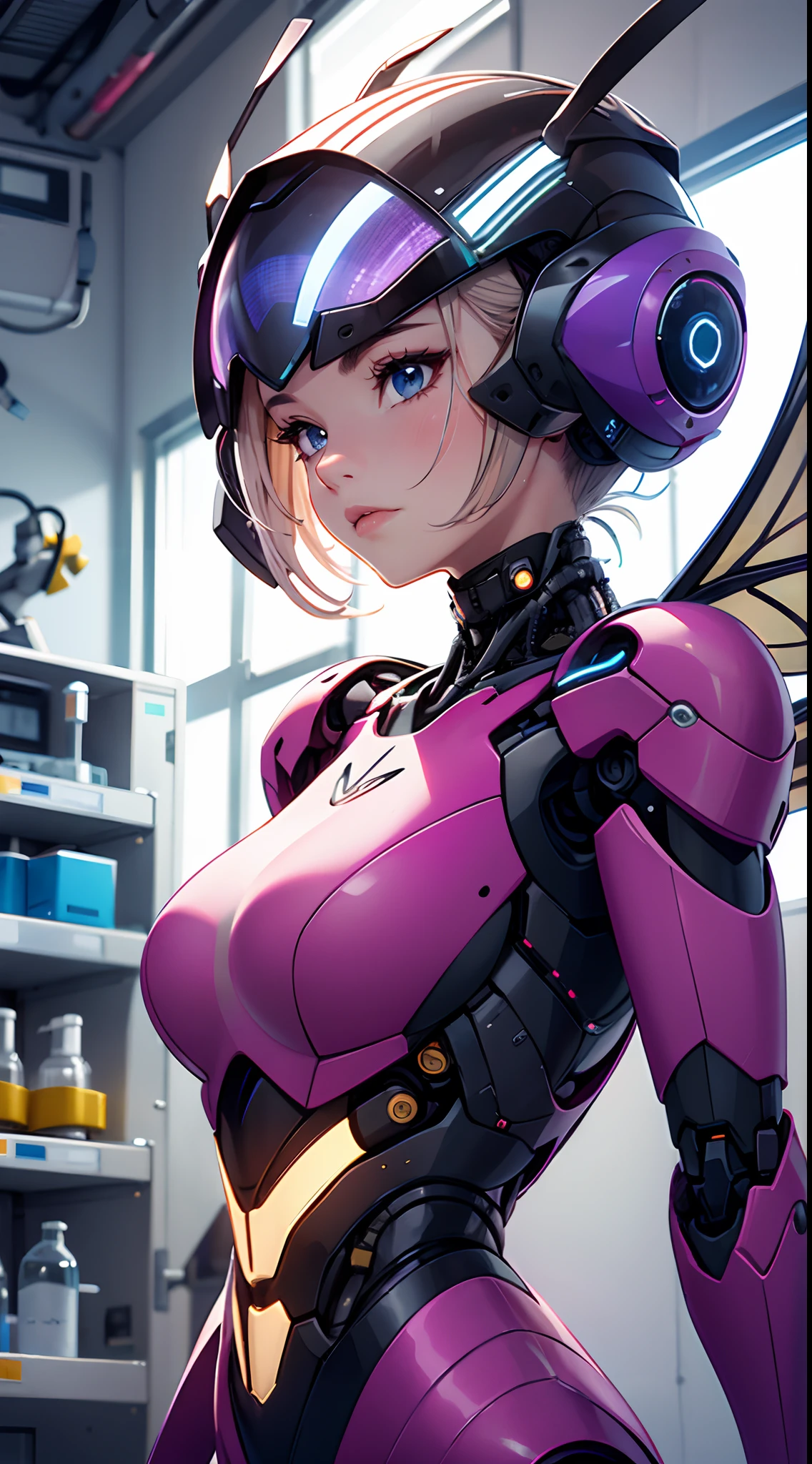 A close-up of a person in a purple suit with wings, Piel fucsia debajo de la armadura, Piel fucsia debajo de la armadura,( Avispa cyborg:1.4), Chica entrenadora de insectos, Armadura plateada afilada piel fucsia, Tiene membranas iridiscentes, sleek purple armor, Piel fuschia, piel fucsia suave, Sigma Hembra, piel fucsia, Avispa cyborg biopunk, More detailed 8K.motor irreal:1.4,UHD,La mejor calidad:1.4, fotorrealista:1.4, textura de la piel:1.4, obra maestra:1.8,obra-prima, mejor calidad,objeto Objeto], (detailed face features:1.3),(Laboratorio Robotizado:1.4)