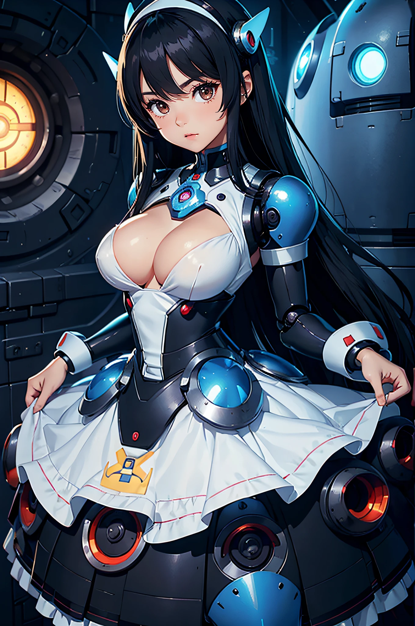 1girl, maid dress, long skirt, adorable clothing, large breasts, black hair, brown eyes, beautiful face, mega man x, megaman, video game, android, robot, sexbot, front view, detailed features