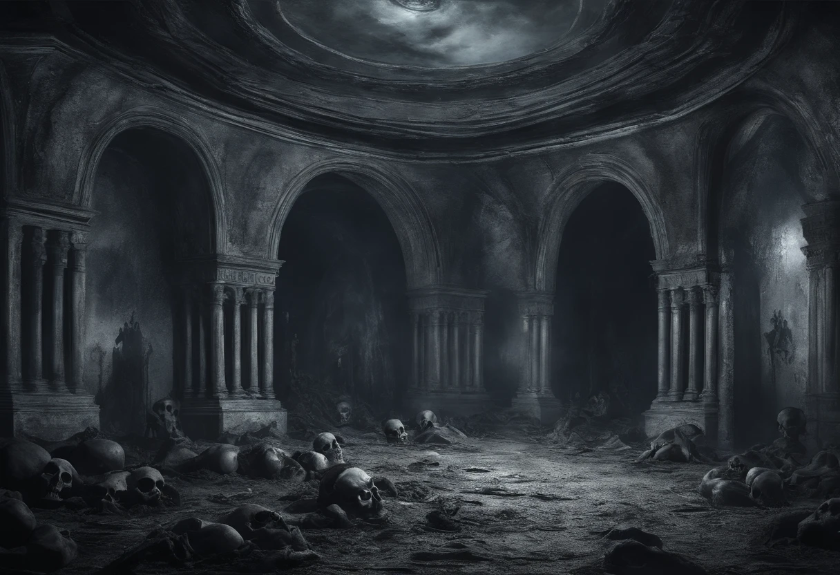 (nighttime scene), Horror, haunted, dead body, skulls, Images depicting hell, souls of the damned, vaulted ceiling, horrific, creepy, frightening, thick foggy environment, Image style painting, Realistic, Shadows, HD, High quality, Cinematic