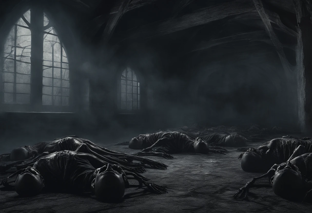 (nighttime scene), Horror, haunted, dead body, skulls, Images depicting hell, souls of the damned, vaulted ceiling, horrific, creepy, frightening, thick foggy environment, Image style painting, Realistic, Shadows, HD, High quality, Cinematic