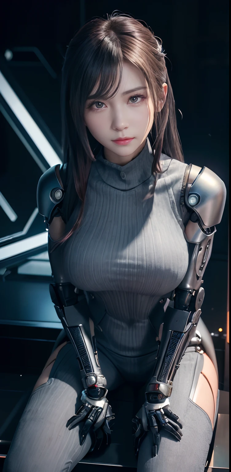 masterpiece、((Grey Turtleneck Sweater))、 ((plugsuit)), ((a beauty girl:1.2))、I don't have both arms.、Some mechs、Mechanized body、Mechanized chest and abdomen、Mechanized occipital、Mechanized legs、Black metallic suit tight to the body、is standing、Tied up、Metal Robot、((Cyberpunk background))、(Neon light)、(Background of the machine shop of the future)、Cyberdyne、Artificial bodies、All-metal body、Ironwork、Abdominal mechanism、((Robotic Arms and Hands))、((Robot legs))、((Cervical part of the machine))、Inside the spaceship、a beauty girl、、Asian Beauty, (Abdomen exposes actuators and cables)、From the neck down is the body of a metal robot、Complex 3d rendering beautiful porcelain profile super detailed female android face、cyborgs、roboticparts、150mm、beautiful studio soft light、Rim Lights、vibrant detail、luxuriouscyberpunk、Ren Hao、surrealistic、Anatomical、face muscles、cable electric wires、microchips、elegent、beatiful backgrounds、octan render、HR Giger Style、8K、top-quality、masterpiece、illustratio、extremely delicate and beautiful、 extremely details CG、Unity、wall-paper、(realisitic、Photorealsitic:1.37)、astonishing、detaile、masterpiece、best qualtiy、Official art、Highly detailed CG Unity 8k wallpaper、absurderes、incredibly absurdness、、机器人、Silver Halmet、full body Esbian、sitting on