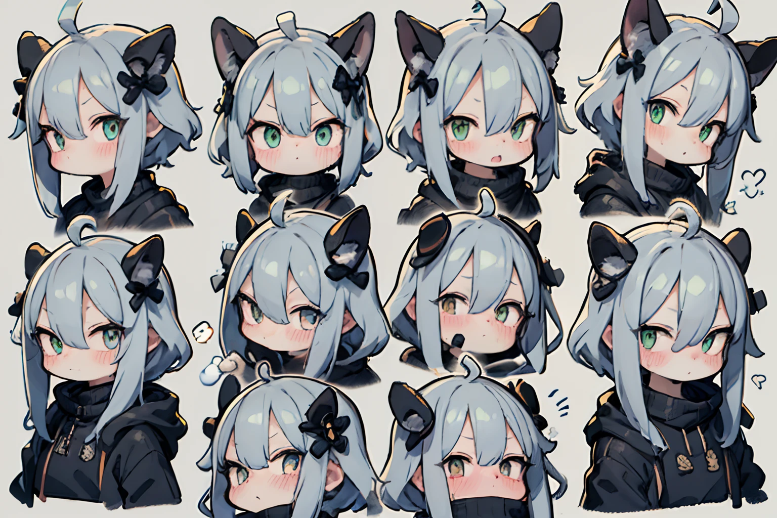 9 poses and expressions,9 Panel grid,9 Emotions and expressions,9 emojis,1boys,Blush,multiple views,hair adornments,cropped shoulders,Closed mouth,Sweater,view the viewer,The entire body of the machine,By bangs,V-shaped eyebrows,Green hair,short detailed hair,Simple background,green-eyed,hair between eye,:<,Jacket,ahoge,Black sweater,Sweat,Black jacket,Turtleneck,No Pupil,Black cat tail,sense of science and technology,cyber punk perssonage
