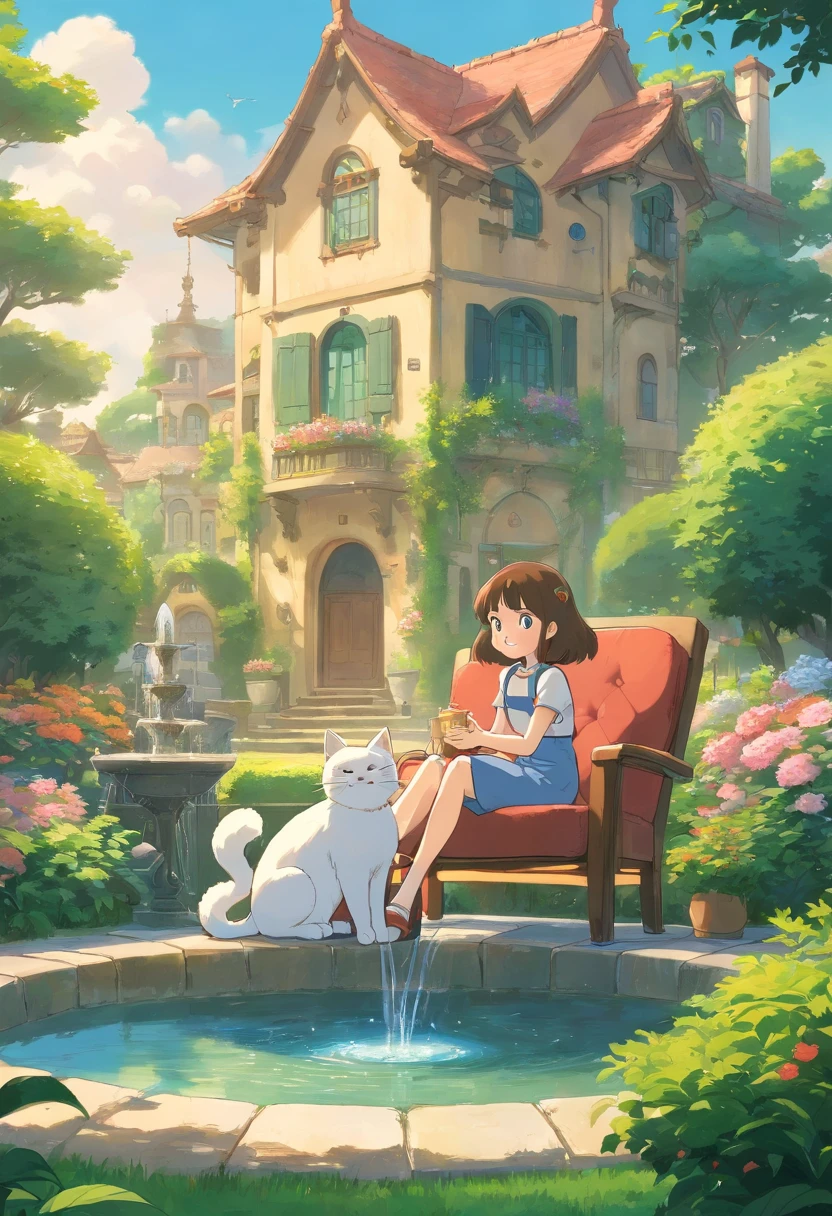 A girl and a cute cat with round eyes sit on a chair, Garden fountain, , House in the distance.