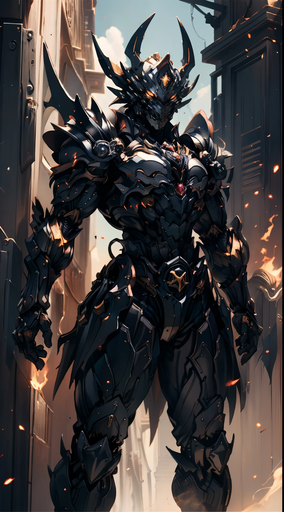 ((A young man:1.2)), short orange-brown hair, a wild hairstyle, knife-like thick eyebrows, bright and spirited big eyes, a fearless expression, a smile at the corner of his mouth, he wears a bizarre fantasy surreal-style chest armor with scales textures, wearing a dark bodysuit underneath, fingerless gloves, a beautifully fur belt around his waist, matching coarse cloth trousers, undaunted and wild posture, the background depicts a torn sky and earth, this character embodies a finely crafted fantasy surreal-style in anime style, characterized by an exquisite and mature manga illustration art style, high definition, best quality, highres, ultra-detailed, ultra-fine painting, extremely delicate, professional, anatomically correct, symmetrical face, extremely detailed eyes and face, high quality eyes, creativity, RAW photo, UHD, 8k, Natural light, cinematic lighting, masterpiece-anatomy-perfect, masterpiece:1.5