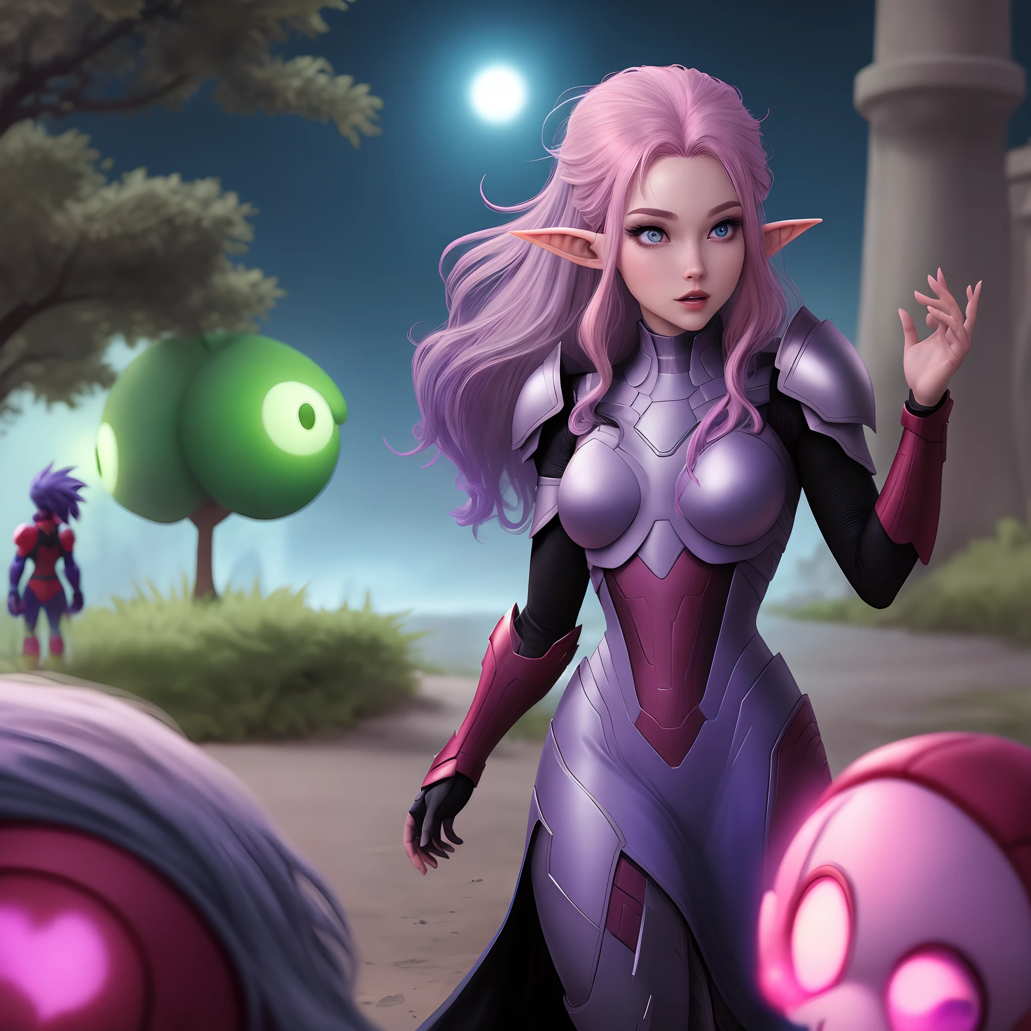 marvel comic panel, alien girl with purple hair and pink highlights, pink skin, glowing blue eyes, long pointy elf ears, grunge armor, talking to peach from Mario at a park