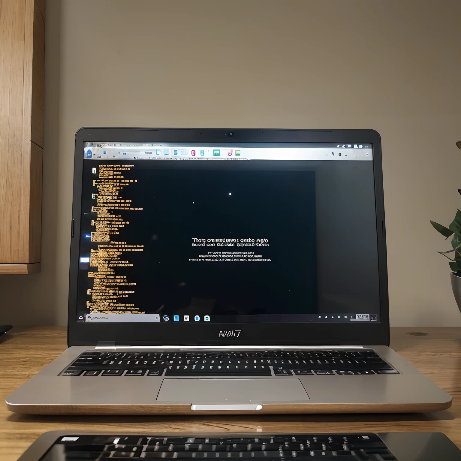 crie uma imagem de um laptop em uma mesa de madeira, On your screen it must contain JavaScript codes, e conter cantos arredondados