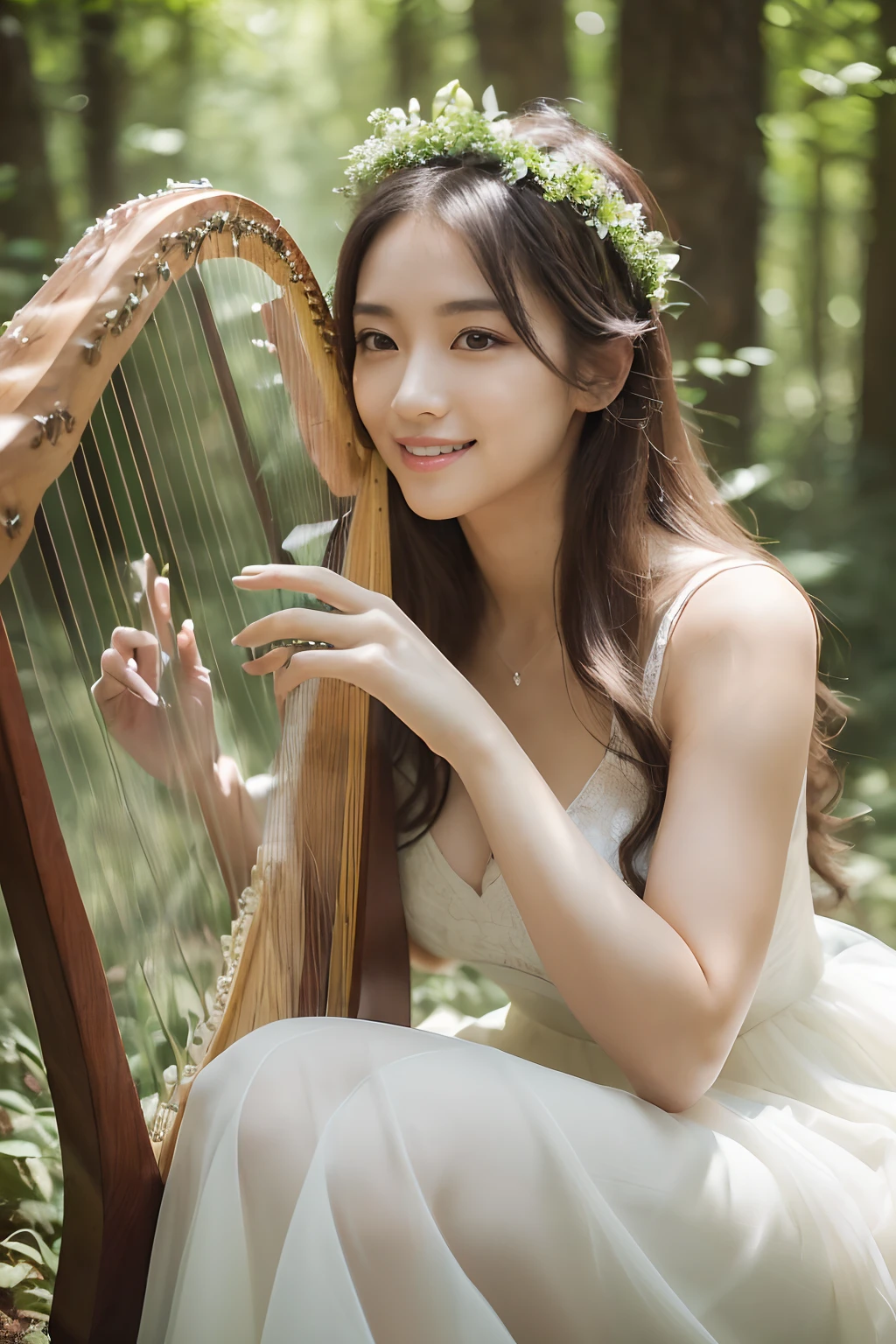 (((Beautiful woman playing a small harp,Perfect Harp,dense and dense harp,,How to play the harp correctly,Perfect detail of a small harp,In the depths of a fantastic and beautiful forest,Photo from the knee up,Shot up close,A detailed face))),((Playing the smaller harp,Half Japan and half Spanish, 25-years old,Perfect face,Give your camera the best smile,Sit in the forest,Sit down and play the harp,Yellow-green and white princess dress,the flower crown,Perfect makeup,A slender,Breasts are big)),(Clear air,Transparent forest),((Sacred Forest Trees々Sunlight shining in from between,Turn to this,View here,Play gracefully,Perfect fingers,perfect arms,A beautiful smile is staring at me,Graceful and beautiful)),((Forest of Illusions,细致背景,top-quality,The ultra -The high-definition,Perfect Anatomy,high-definition RAW color photography,professional photograpy, extremely delicate and beautiful, Extremely detailed,finely detail, Huge file size,Top image quality,8K,Photos taken with a single-lens reflex camera,Award-Winning Works,masutepiece))