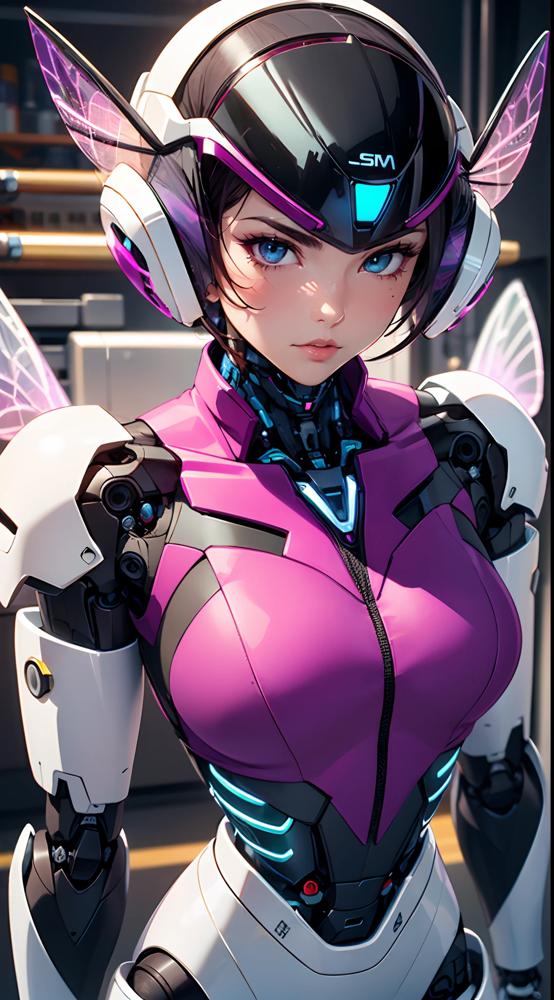 A close-up of a person in a purple suit with wings, Piel fucsia debajo de la armadura, Piel fucsia debajo de la armadura,( Avispa cyborg:1.4), Chica entrenadora de insectos, Armadura plateada afilada piel fucsia, Tiene membranas iridiscentes, sleek purple armor, Piel fuschia, piel fucsia suave, Sigma Hembra, piel fucsia, Avispa cyborg biopunk, More detailed 8K.motor irreal:1.4,UHD,La mejor calidad:1.4, fotorrealista:1.4, textura de la piel:1.4, obra maestra:1.8,obra-prima, mejor calidad,objeto Objeto], (detailed face features:1.3),(Laboratorio Robotizado:1.4)