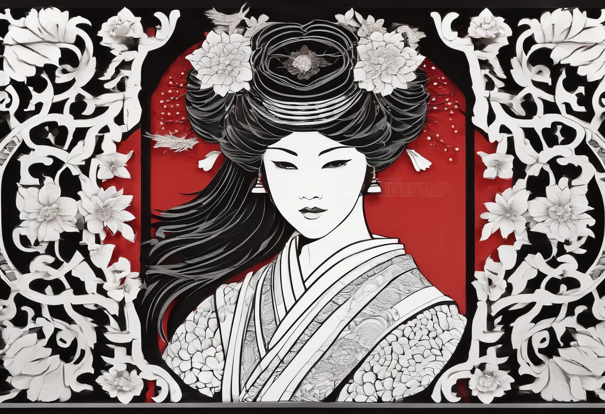 silhouette of a female samurai looking down as if lost in thought, black and red ink, circular background, mandala, dressed in fine Imari style kimono, pen and ink drawing, line art, 8K, wall art masterpiece, intricate details, award winning, photo realistic, extreme detail and resolution, dark environment and ambiance, rococco lighting