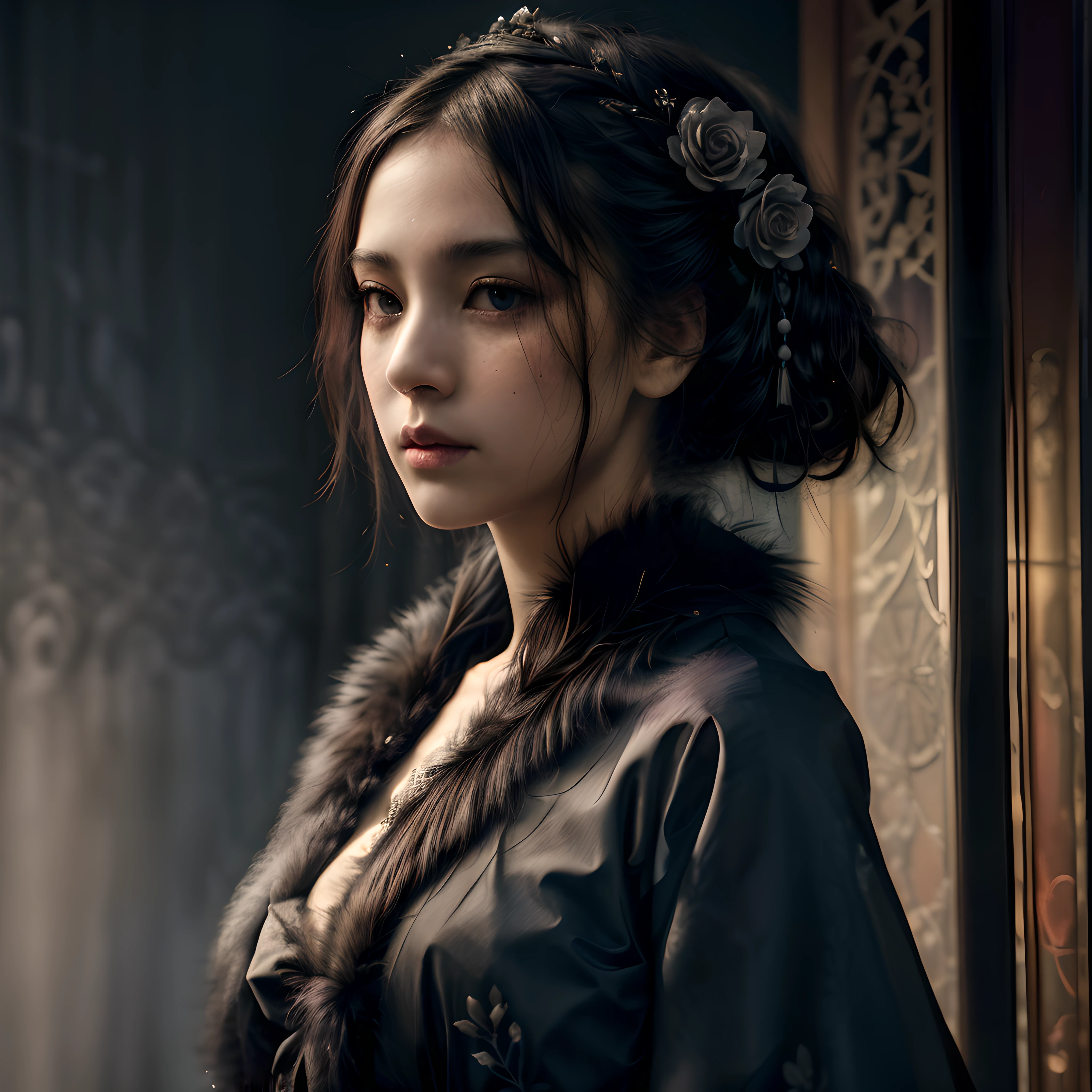 Official Art, Unity 8k wallpaper, super detailed, beautiful, beautiful girl, focused on detailed face, has a few freckles, wearing black clothing, masterpiece, best quality, dark, atmospheric, mystical, romantic, creepy, literature, art, fashion, show era, decoration, intricacies, fur products, lace, contemplation, emotional depth, supernatural, kimono 1girl, solo, neck, bust composition, Realistic, bokeh, lens_flare,Natural light,portrait,Grey Film filter,(KODAK Ektar 100:1.2)