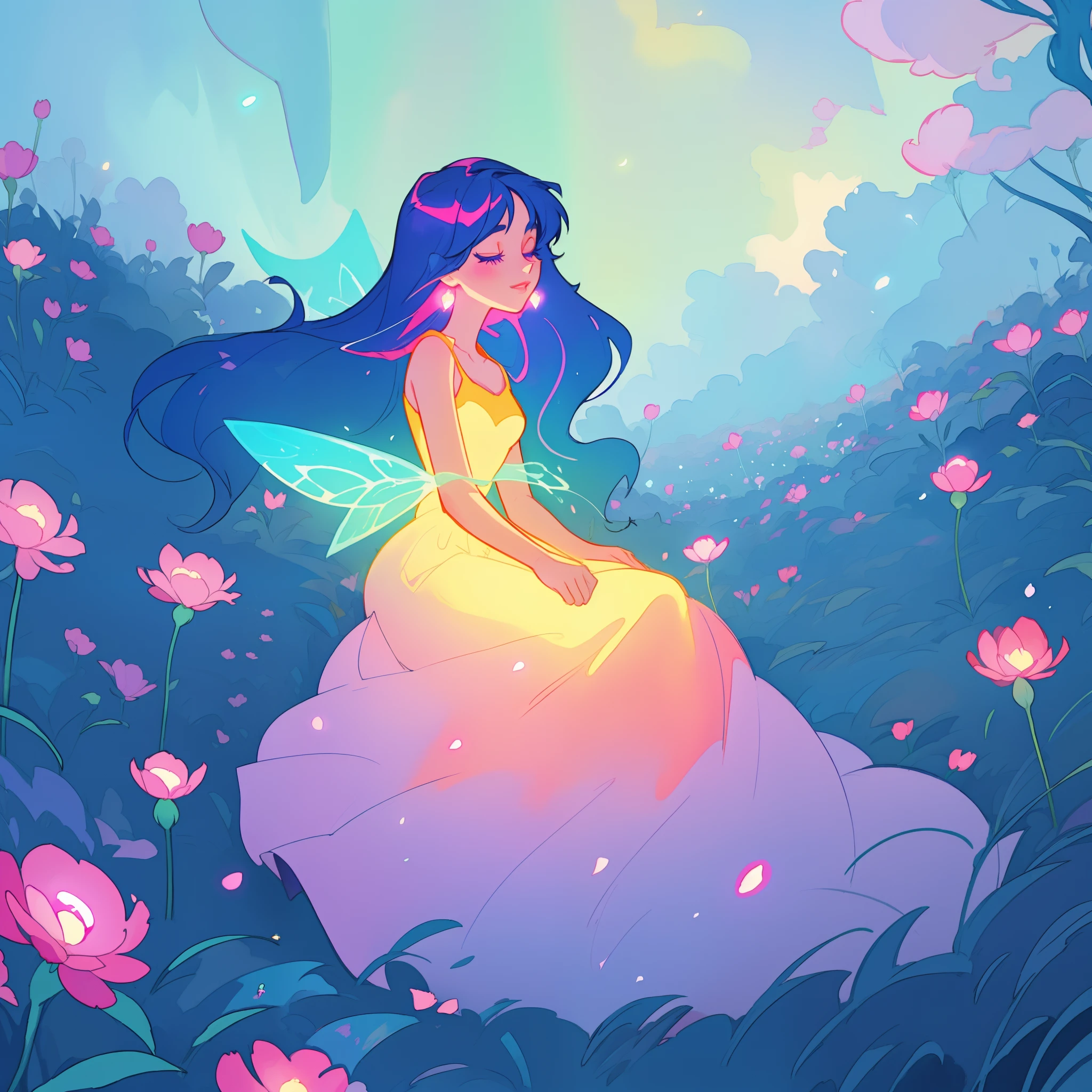 beautiful girl in gradient colorful dress, yellow pink purple fairy dress, beautiful girl sitting in a field with pink red flowers, puffy pink flowers, glowing lights, whimsical landscape, long dark blue flowing hair, watercolor illustration, inspired by Glen Keane, inspired by Lois van Baarle, disney art style, by Lois van Baarle, glowing aura around her, by Glen Keane, jen bartel, glowing lights! digital painting, flowing glowing hair, glowing flowing hair, beautiful digital illustration, fantasia otherworldly landscape plants flowers, beautiful, masterpiece, best quality, anime disney style