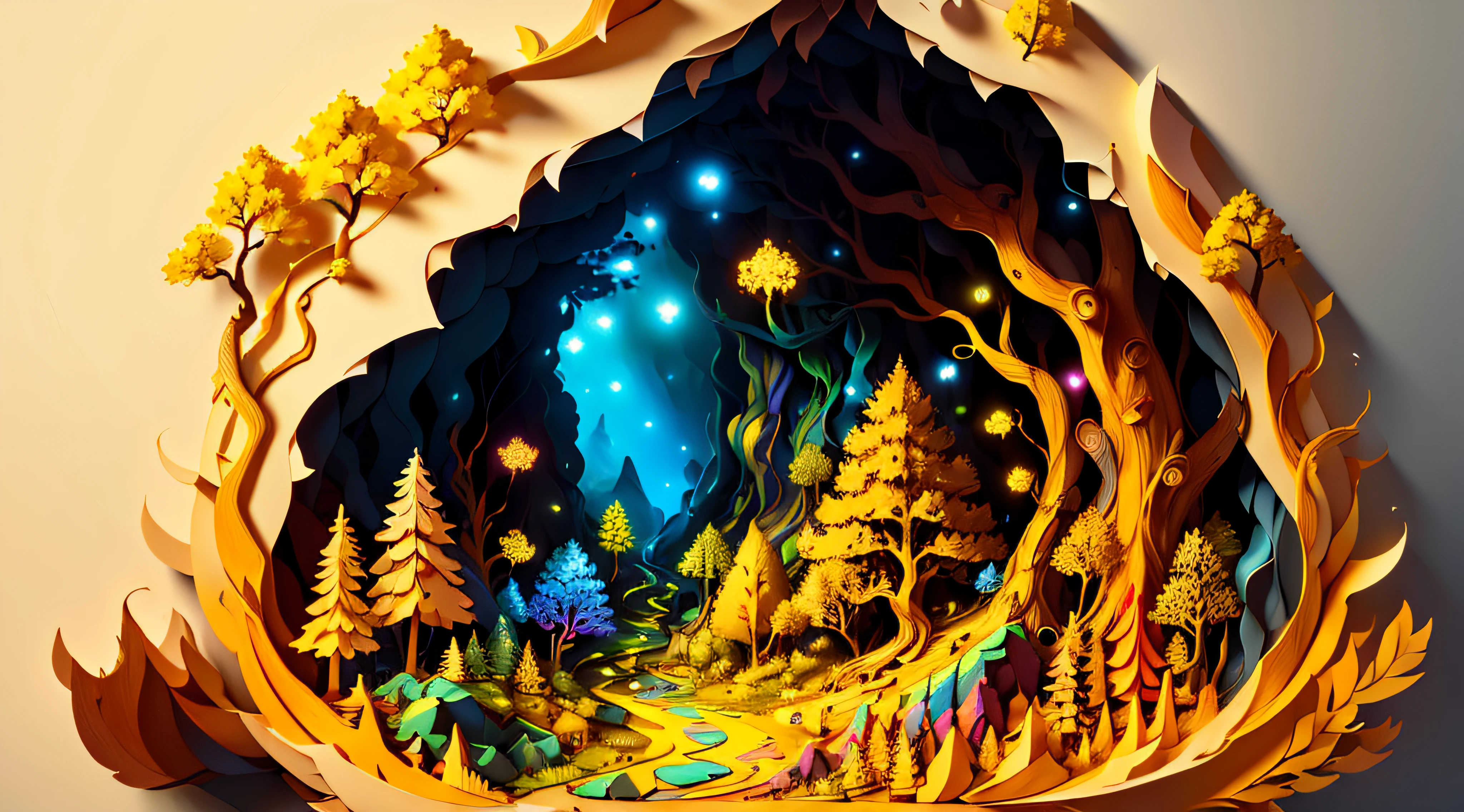 (((masterpiece))),best quality, illustration, forest trail, paper_cut, bright yellow tones, ultra detailed, cave like, multicolored trees, ends deep like a cave, ultra detailed.