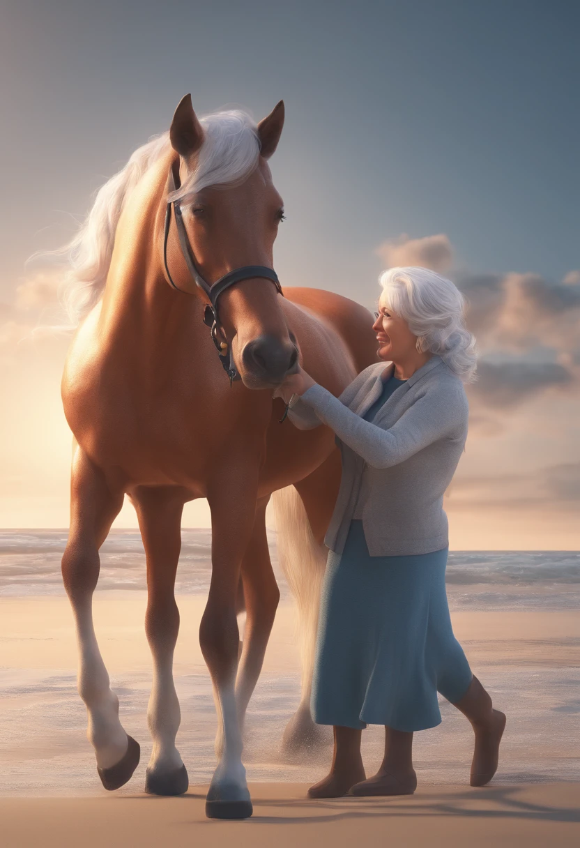mulher idosa de moletom, Hugged with horse on the beach, Gray-haired chubby woman on the beach hugging light-colored horse