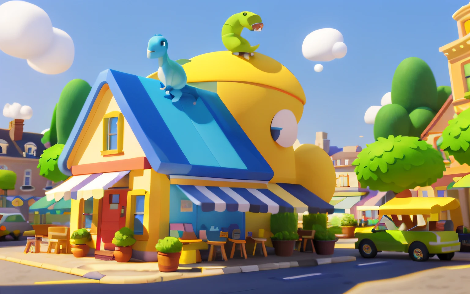 Cartoony,Lovely café building,There are cute dinosaurs next to it,Cute T-Rex,pixar-style,cartoonish style, polygon, Dinosaur building,,adolable, Game architectural design, fanciful, Charming concert hall, desks, music instrument, steins, Bricks, grassy, florals, the trees, casual game style, Originality, best detail, 。.。.3D, Blander, tmasterpiece, best qualtiy, toon rendering, 8K