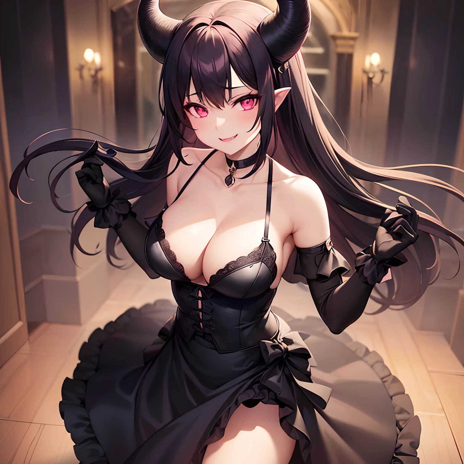 1 girl, game CG, cleavage visible, succubus, horns, black choker, black lingerie, black pixiecut, pink eyes, petite, smile, fangs, dynamic, masterpiece, 4k