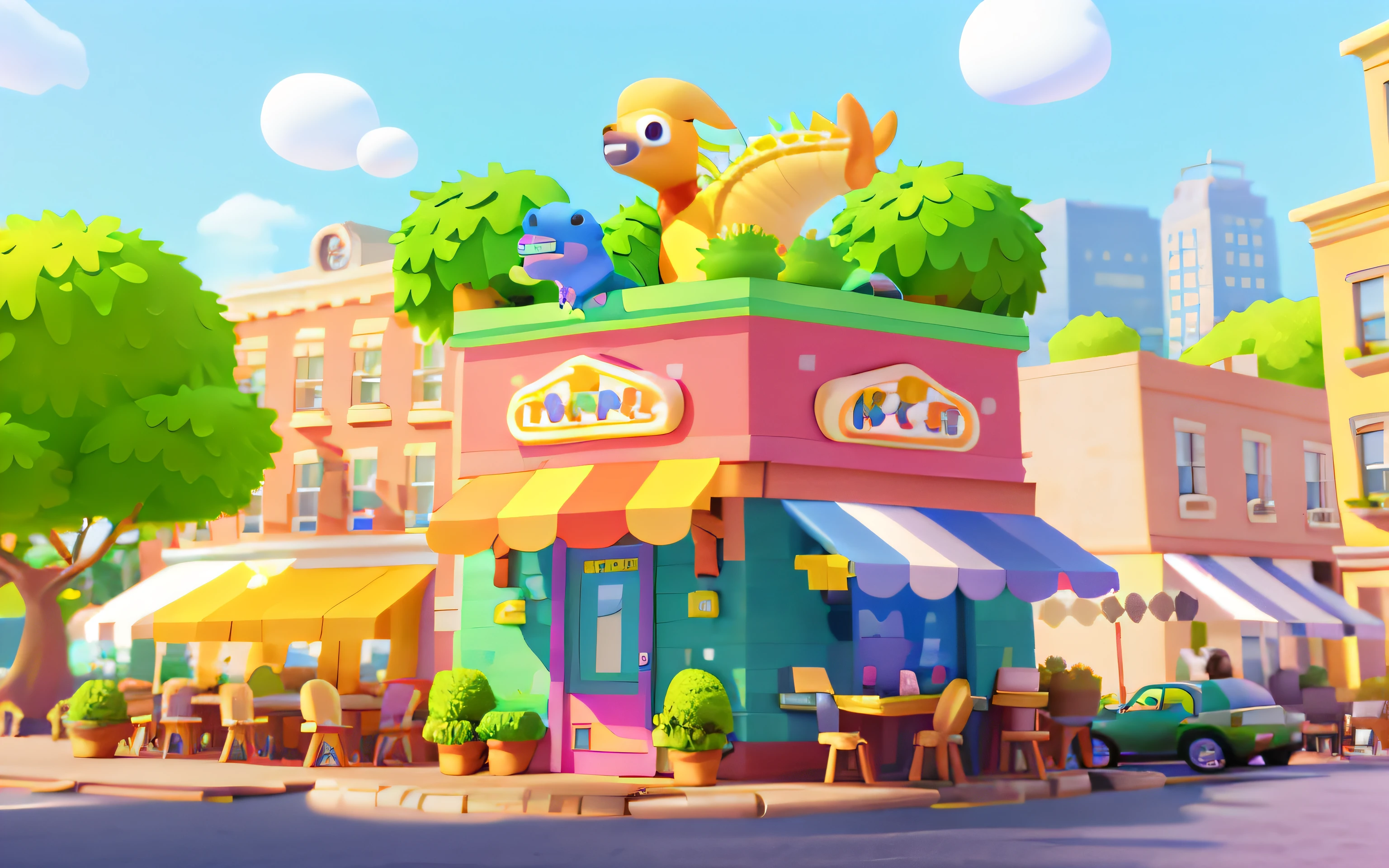 Cartoony，Lovely café building，There are cute dinosaurs next to it，Cute T-Rex，pixar-style，cartoonish style， polygon， Dinosaur building，，adolable， Game architectural design， fanciful， Charming concert hall， desks， music instrument， steins， Bricks， grassy， florals， the trees， casual game style， Originality， best detail， 。.。.3D， Blander， tmasterpiece， best qualtiy， toon rendering， 8K