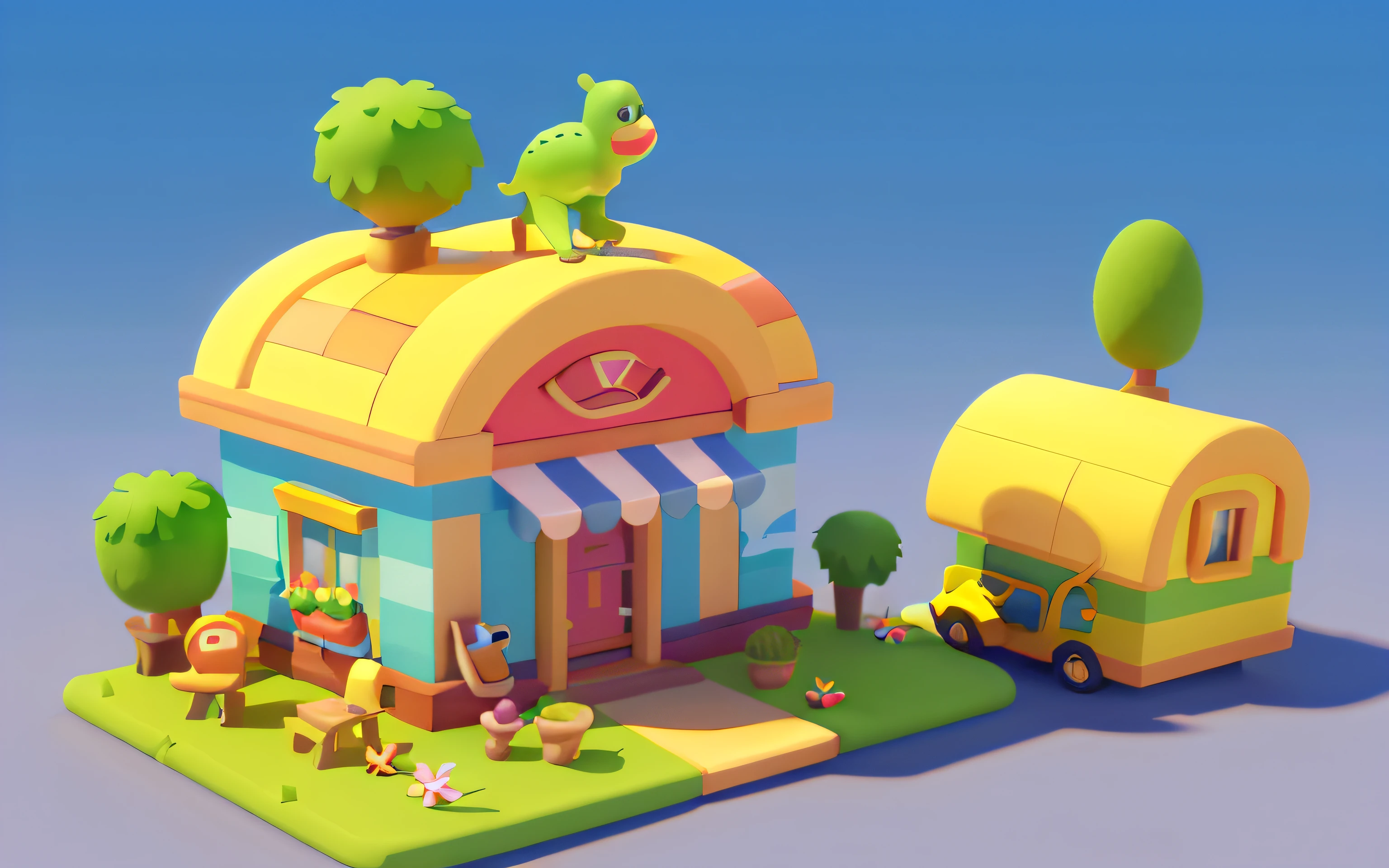 Cartoony，Lovely café building，There are cute dinosaurs next to it，Cute T-Rex，pixar-style，cartoonish style， polygon， Dinosaur building，，adolable， Game architectural design， fanciful， Charming concert hall， desks， music instrument， steins， Bricks， grassy， florals， the trees， casual game style， Originality， best detail， 。.。.3D， Blander， tmasterpiece， best qualtiy， toon rendering， 8K