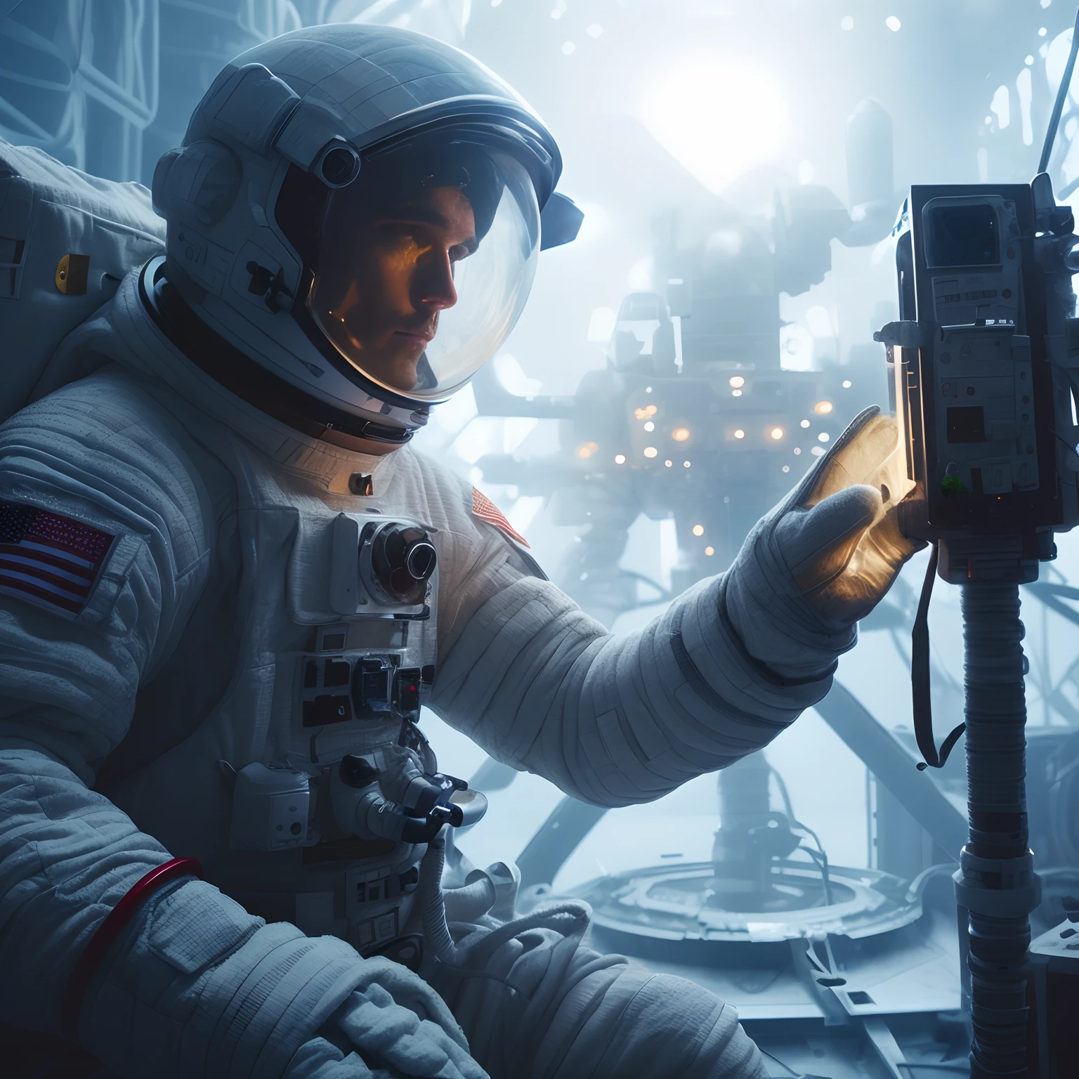 a close up of a man, carl reagle, in a space suit holding a cell phone, an astronaut in space, portrait of an ai astronaut, astronaut in space, astronauts and space colonies, space walk scene, astronaut standing looking, dusty space suit, wearing a spacesuit and helmet, interstellar space suit, detailed astronaut, an astronaut relaxing in space, stunning vfx, portrait of an astronaut
