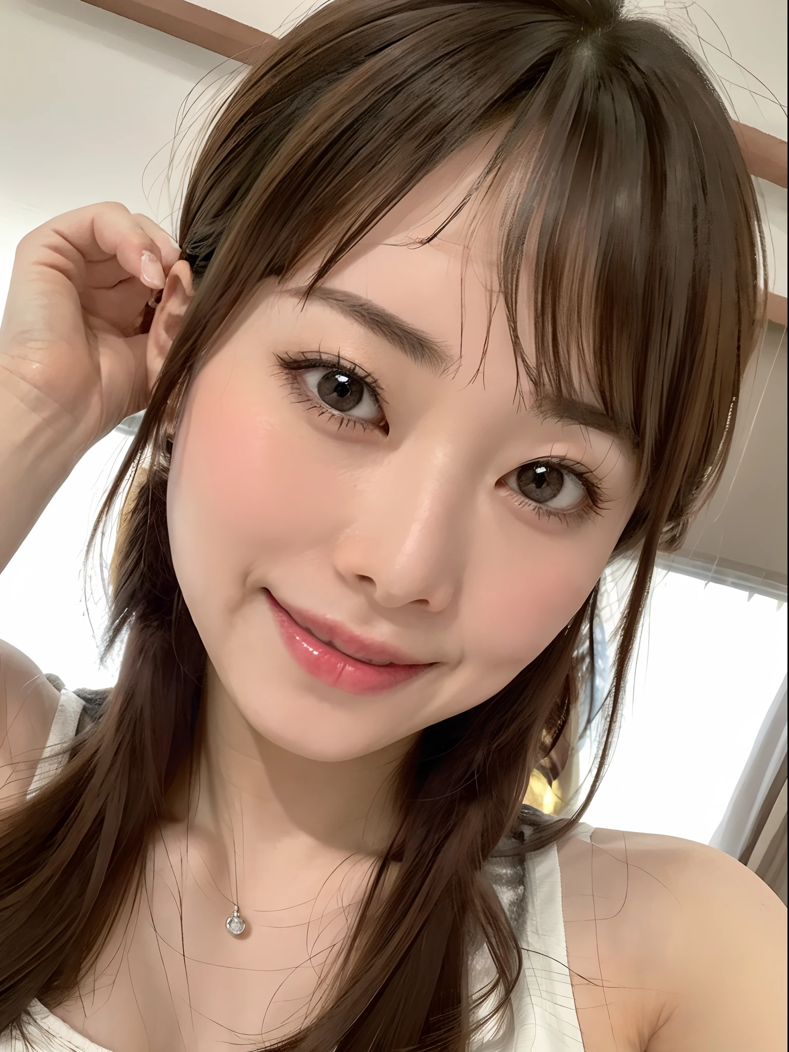 Ultra-realistic capture, Highly detailed, High resolution 16k close-up of human skin. Skin texture must be natural, Detailed enough to finely identify pores. Skin should look healthy, Frontal shot of a girl、Brown-eyed、The nipple is visible 、Looking at the camera、Look at viewers、Armpit、room at night、simple background、goddess of Japan、From  above、Close-up on the face、A smile:0.5、embarrassed from、red blush