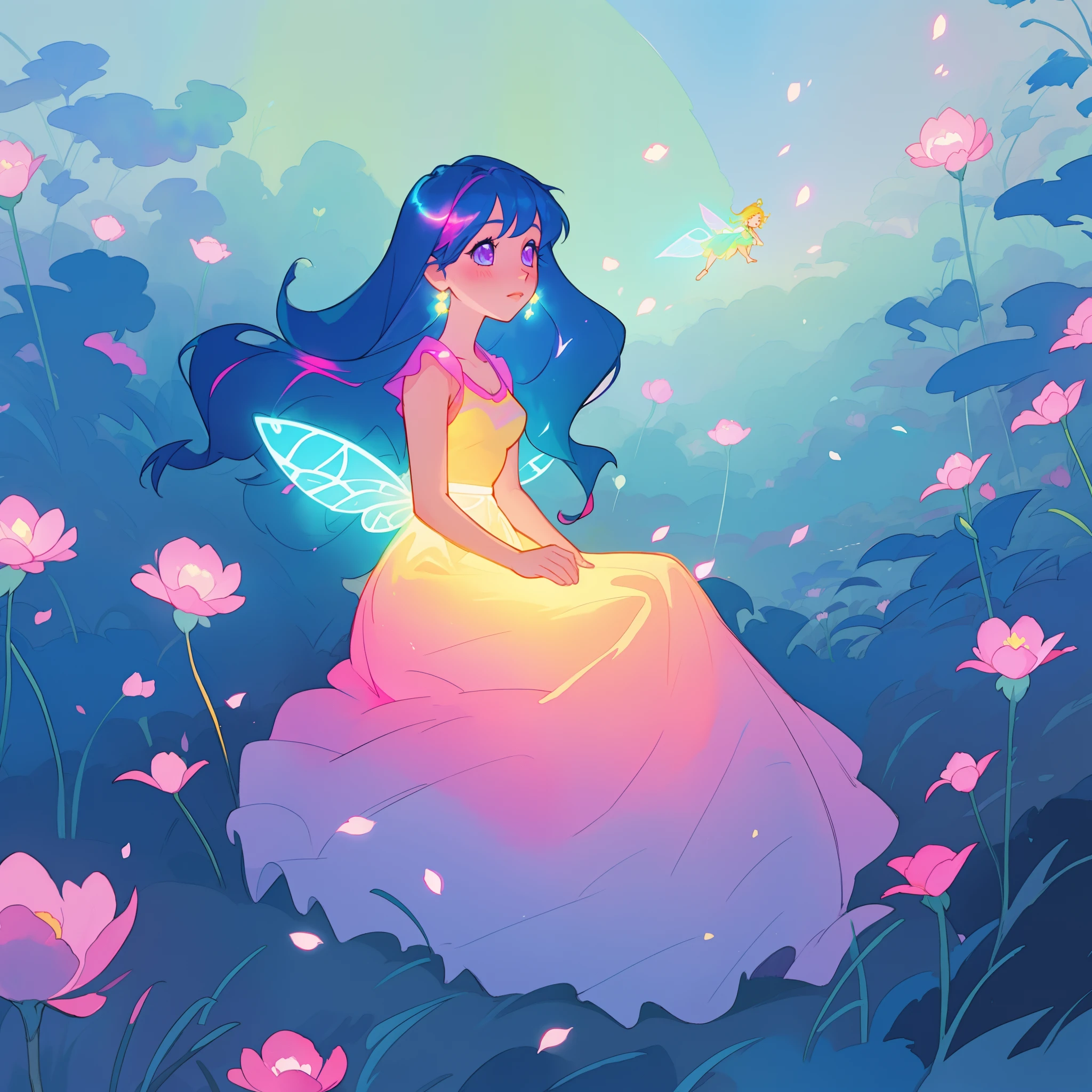 beautiful girl in gradient colorful dress, yellow pink purple fairy dress, beautiful girl sitting in a field with pink red flowers, puffy pink flowers, glowing lights, whimsical landscape, long dark blue flowing hair, watercolor illustration, inspired by Glen Keane, inspired by Lois van Baarle, disney art style, by Lois van Baarle, glowing aura around her, by Glen Keane, jen bartel, glowing lights! digital painting, flowing glowing hair, glowing flowing hair, beautiful digital illustration, fantasia otherworldly landscape plants flowers, beautiful, masterpiece, best quality, anime disney style