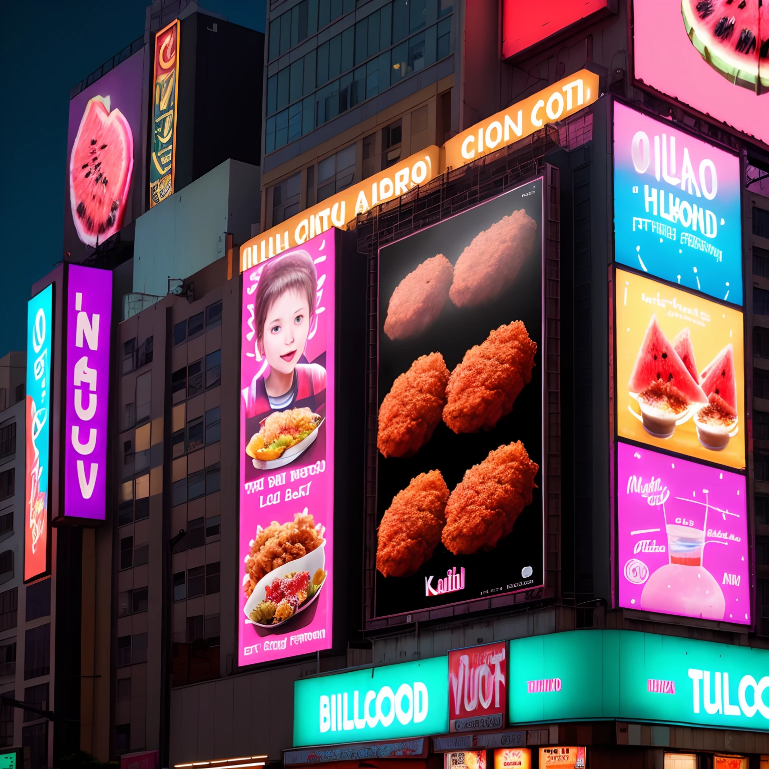 Billboard at night with fried chicken, watermelon, koolaid on it in a city
