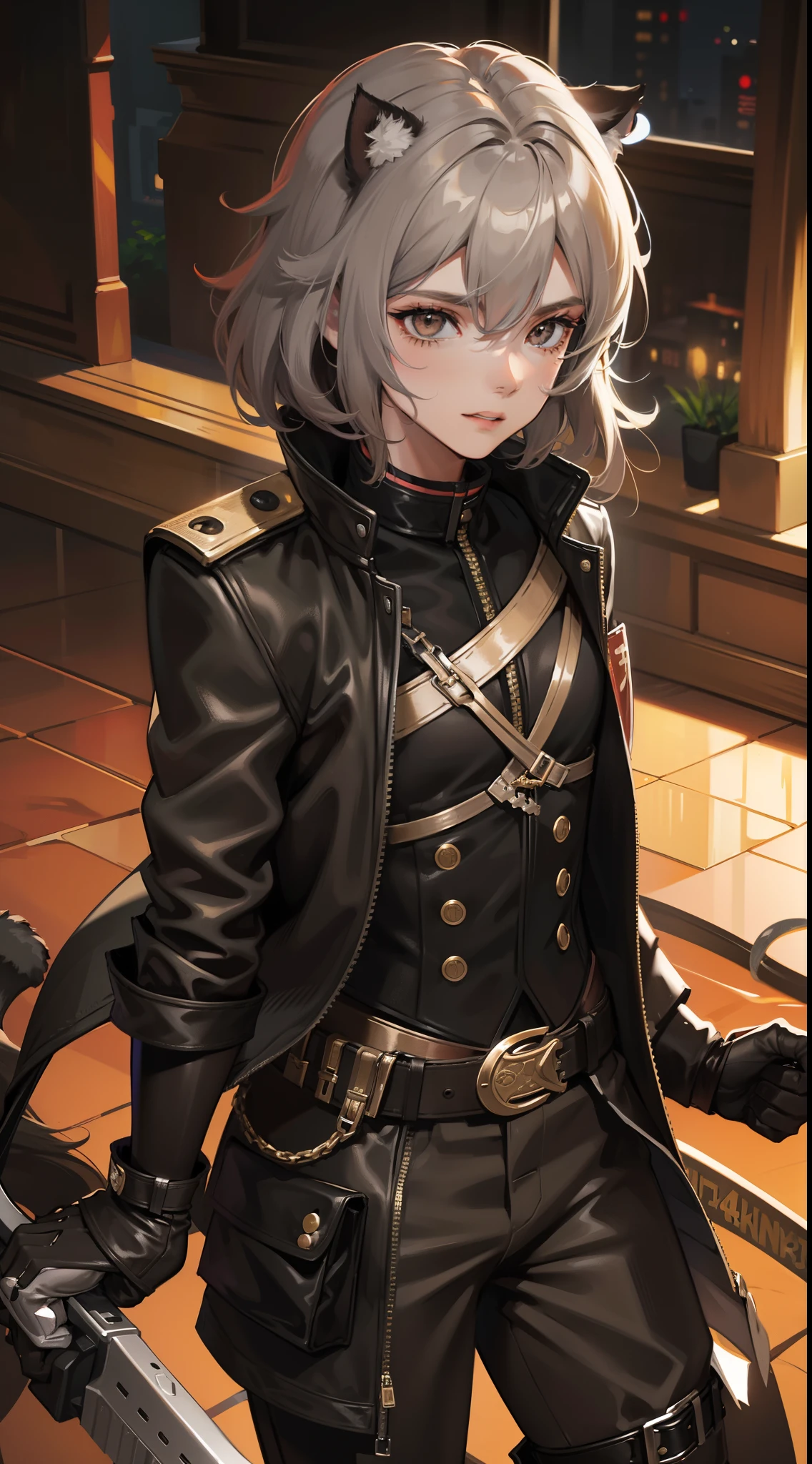 Young guy, gray curly hair, Bob hairstyle, brown eye, cat ears, Grey Combat Jacket, breeches, claws, fiery sword, Masterpiece, hiquality, 4k, HD, Good detail