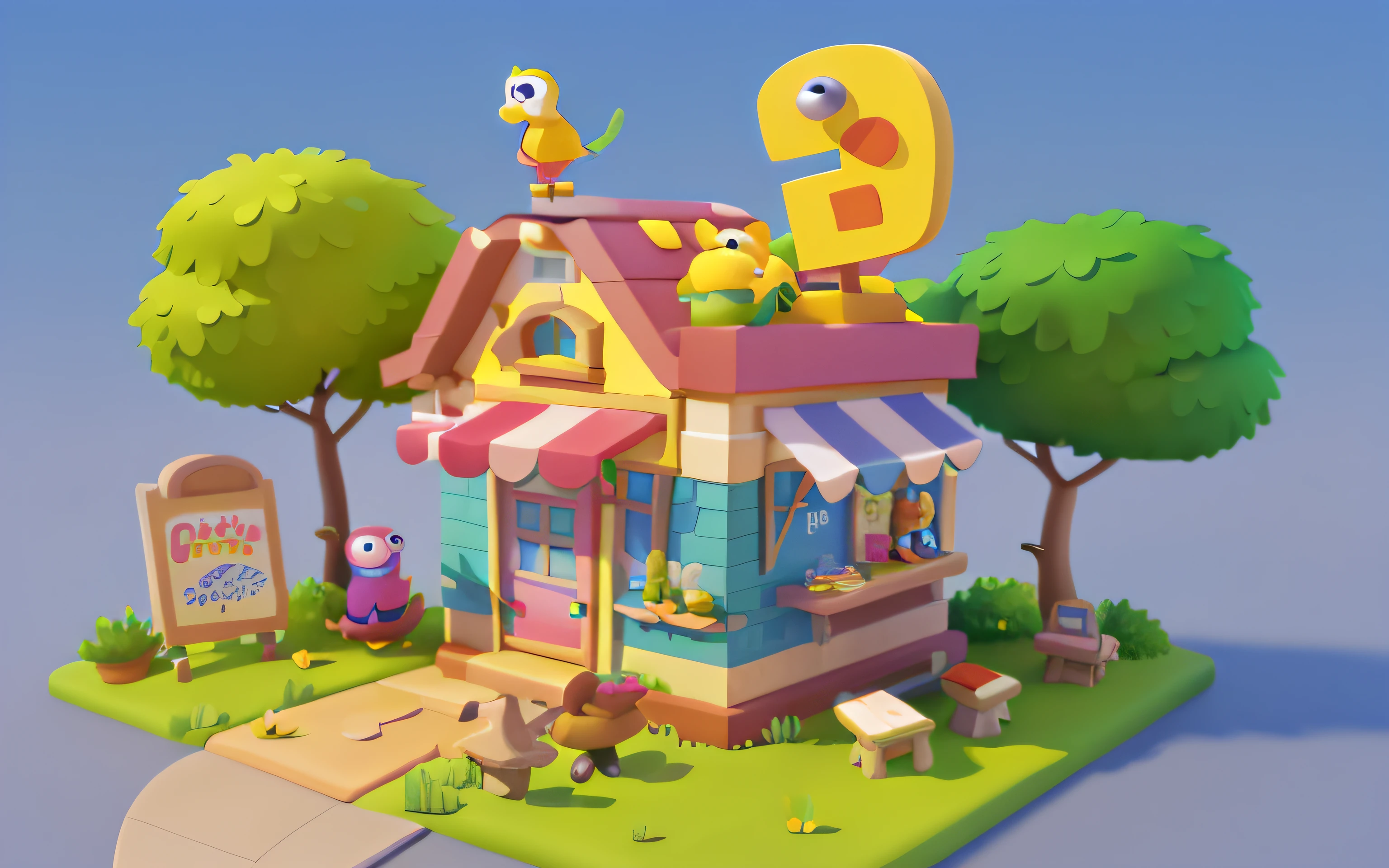 Cartoony,Lovely café building,There are cute dinosaurs next to it,Cute T-Rex,pixar-style,cartoonish style, polygon, Dinosaur building,,adolable, Game architectural design, fanciful, Charming concert hall, desks, music instrument, steins, Bricks, grassy, florals, the trees, casual game style, Originality, best detail, 。.。.3D, Blander, tmasterpiece, best qualtiy, toon rendering, 8K