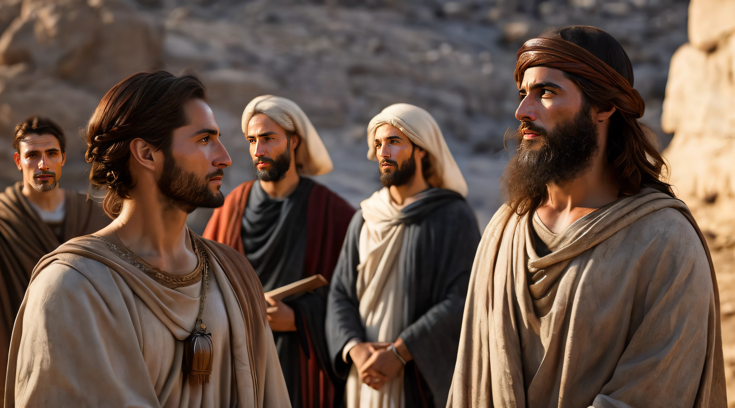 Ancient Israel、Biblical times、1st century、(((The disciples listen to the short-haired Christ)))、8K、Raw photography、top-quality、​masterpiece:1.5、ultra-lightweighthigh-resolution、Photorealsitic:1.5、ciinematic light、soft volumetric lighting:1.5、realisitic、Photorealsitic:1、Detailed skin、profetional lighting、a picture、foco nítido、detaileds、profetional lighting、photon maping、detailed and intricate environment、ighly detailed、top-quality、Artistic photography、photorrealistic concept art、soft natural volumetric cinematic perfect light、Midjourney、Detailed hand、