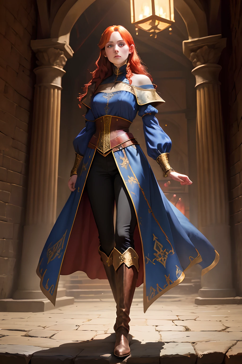 Medieval times,  Women's clothing, Blue satin shirt with gold patterns, tucked into Black Pants, tall brown boots above the knee, on a red-haired woman, Art