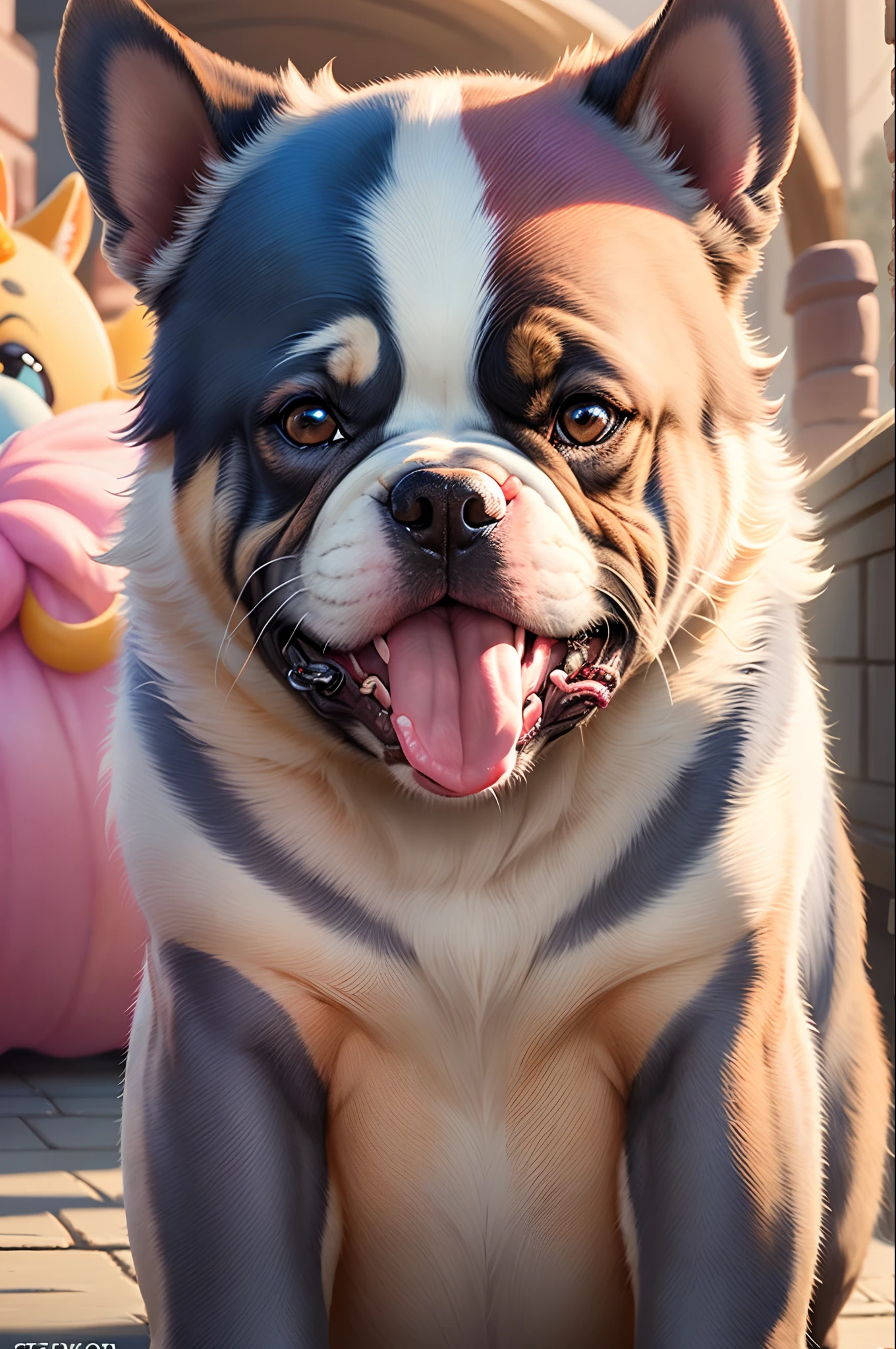 Pixar poster movie  title: Stevie, the glam-bully. Main character blue tri English bulldog girl. face is brown white and grey. With a white stripe down her face. white front paw brown other front paw. wearing a pink tutu and tiara with her tongue sticking out