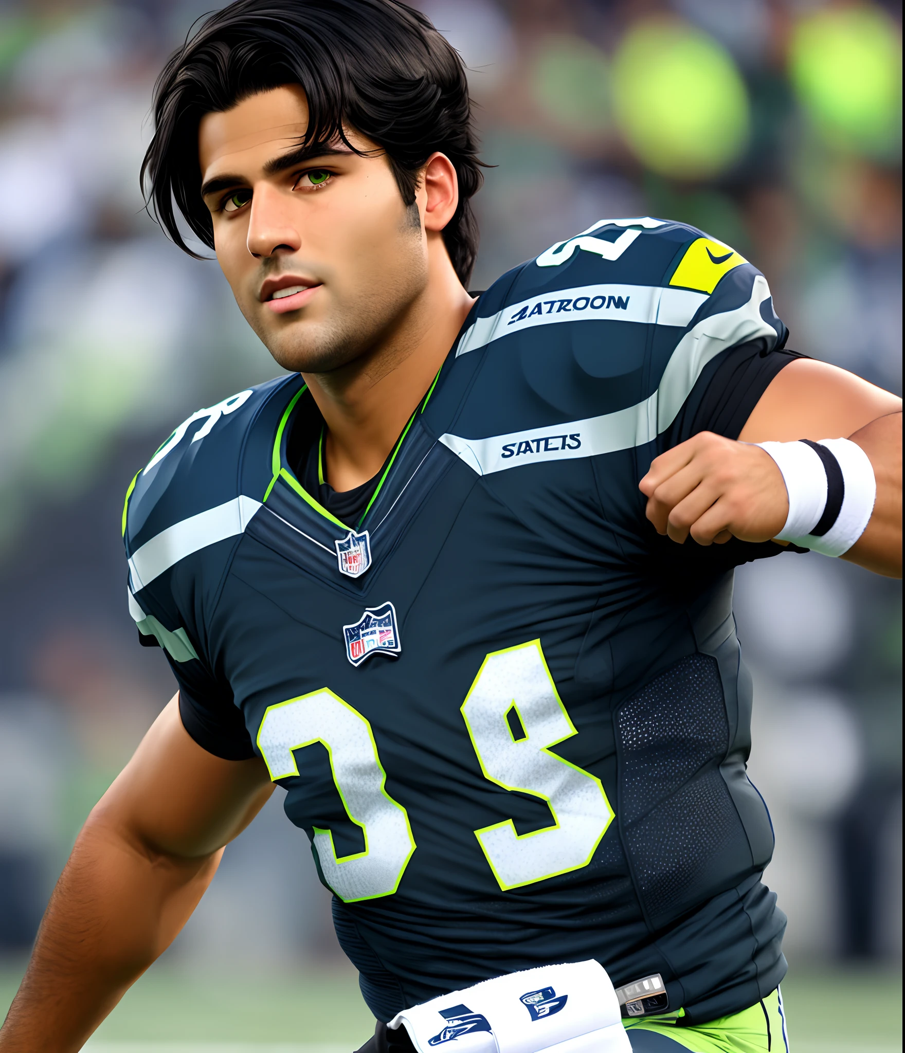 Realistic quarterback Seattle seahawks black hair handsome greens eyes tan skin no beard slicked back hair