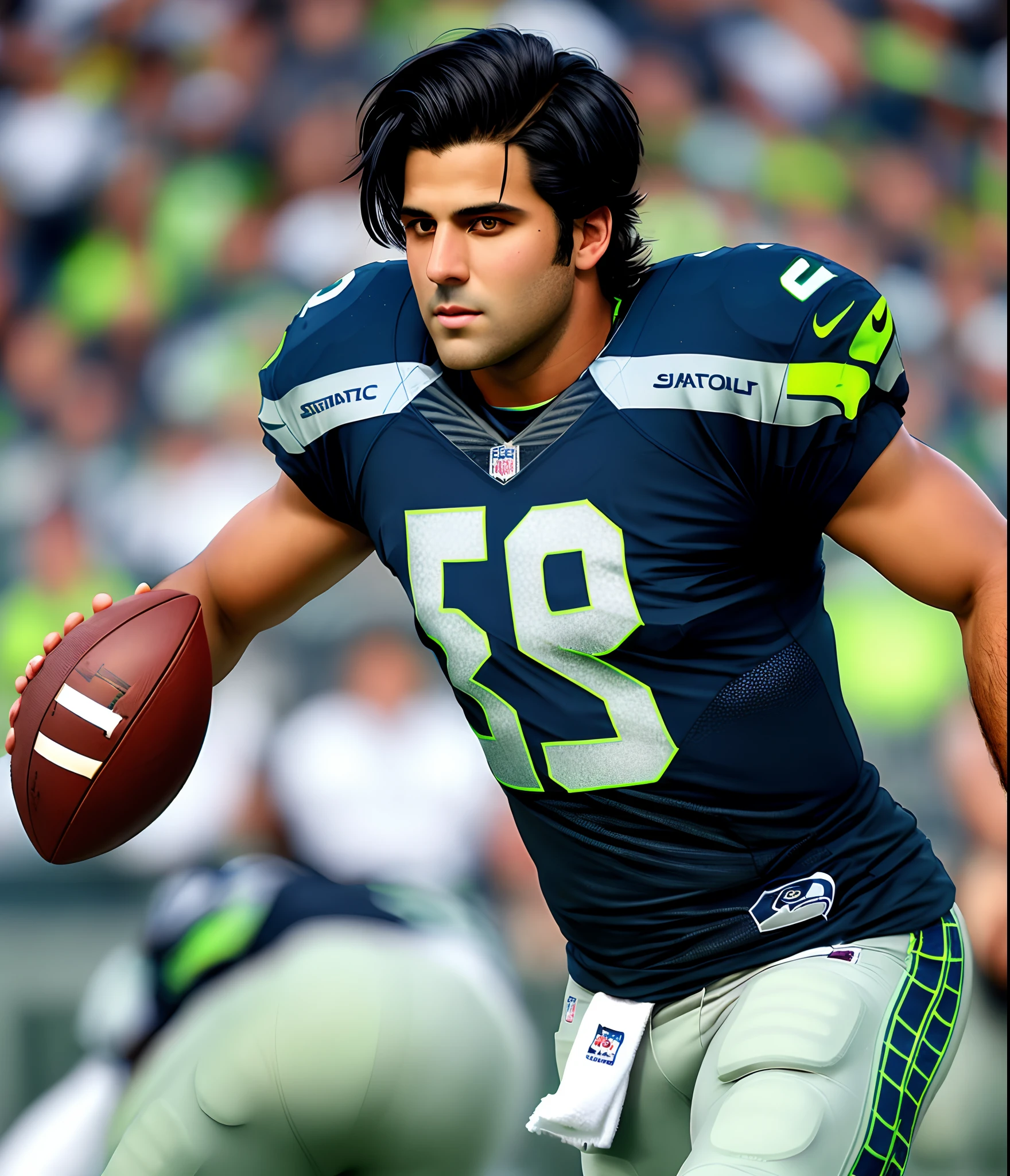 Realistic quarterback Seattle seahawks black hair handsome greens eyes tan skin no beard slicked back hair
