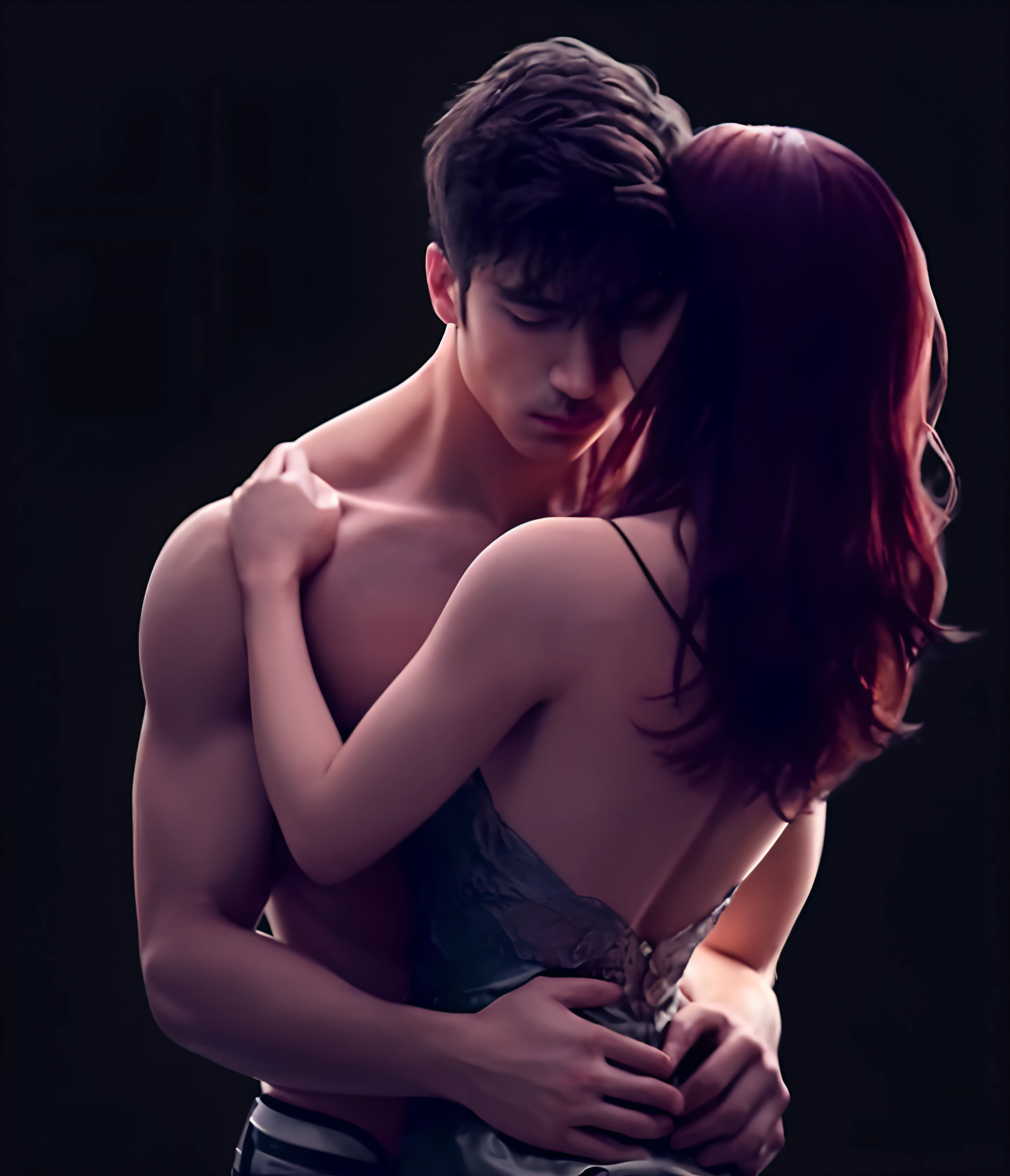1 handsome man, embracing 1 beautiful girl, dark background,