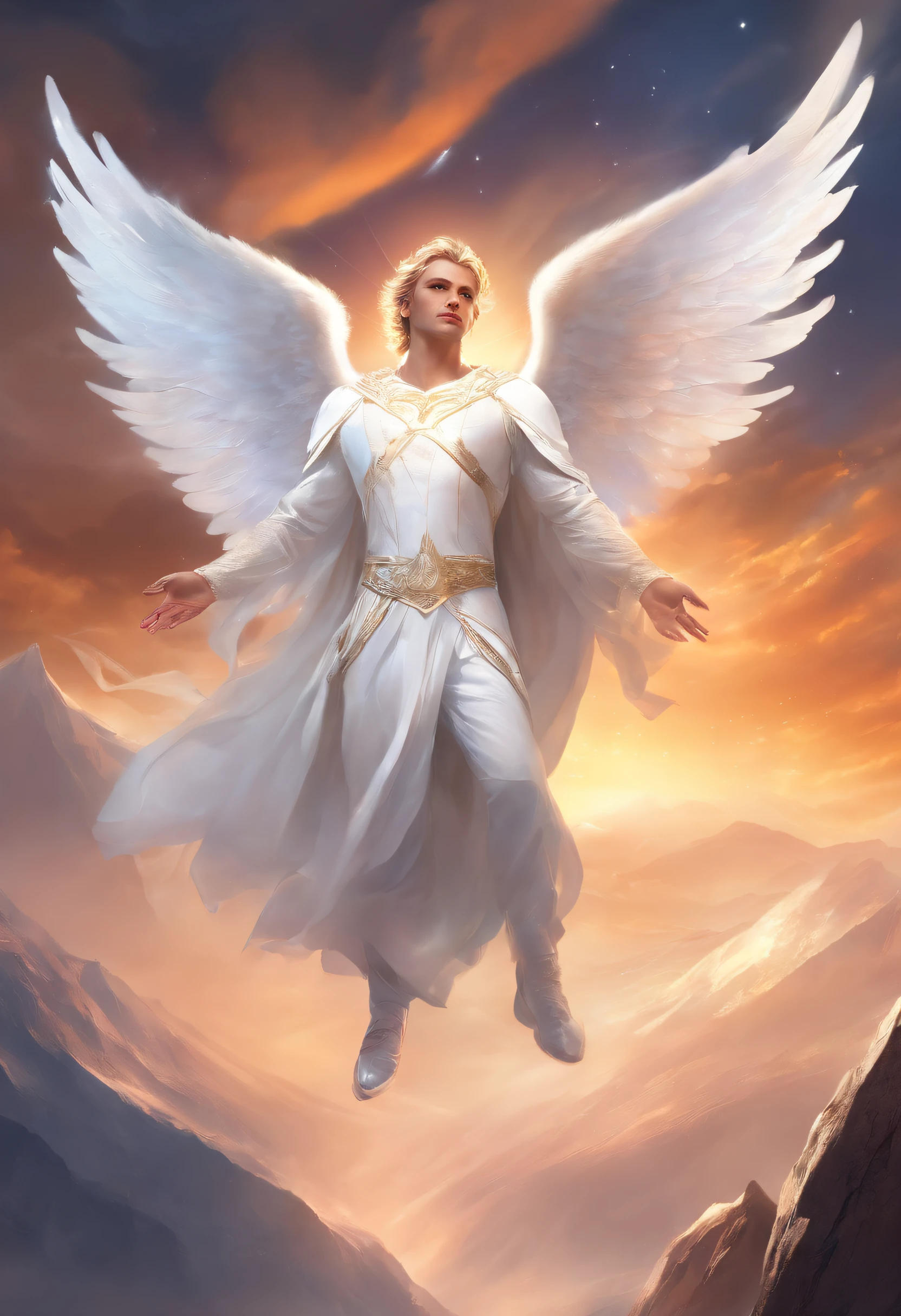 a male angel in white clothes fell on the mountain with a white flash of light, 8K,