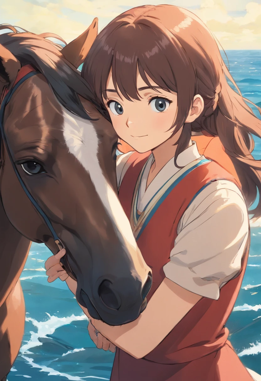 There's a woman who's hugging a horse at the water's edge, foto - shot, Directed by: Linda Sutton, com cavalo conduzido, foto tirada, Foto de perfil, Anna, foto flash, foto de retrato, bottom angle, Directed by: Susan Heidi, fotografia completa, foto de tiro largo, cavalo no fundo, Directed by: Gwen Barnard, Foto promocional, foto de retrato em close-up, foto de marketing, retrato