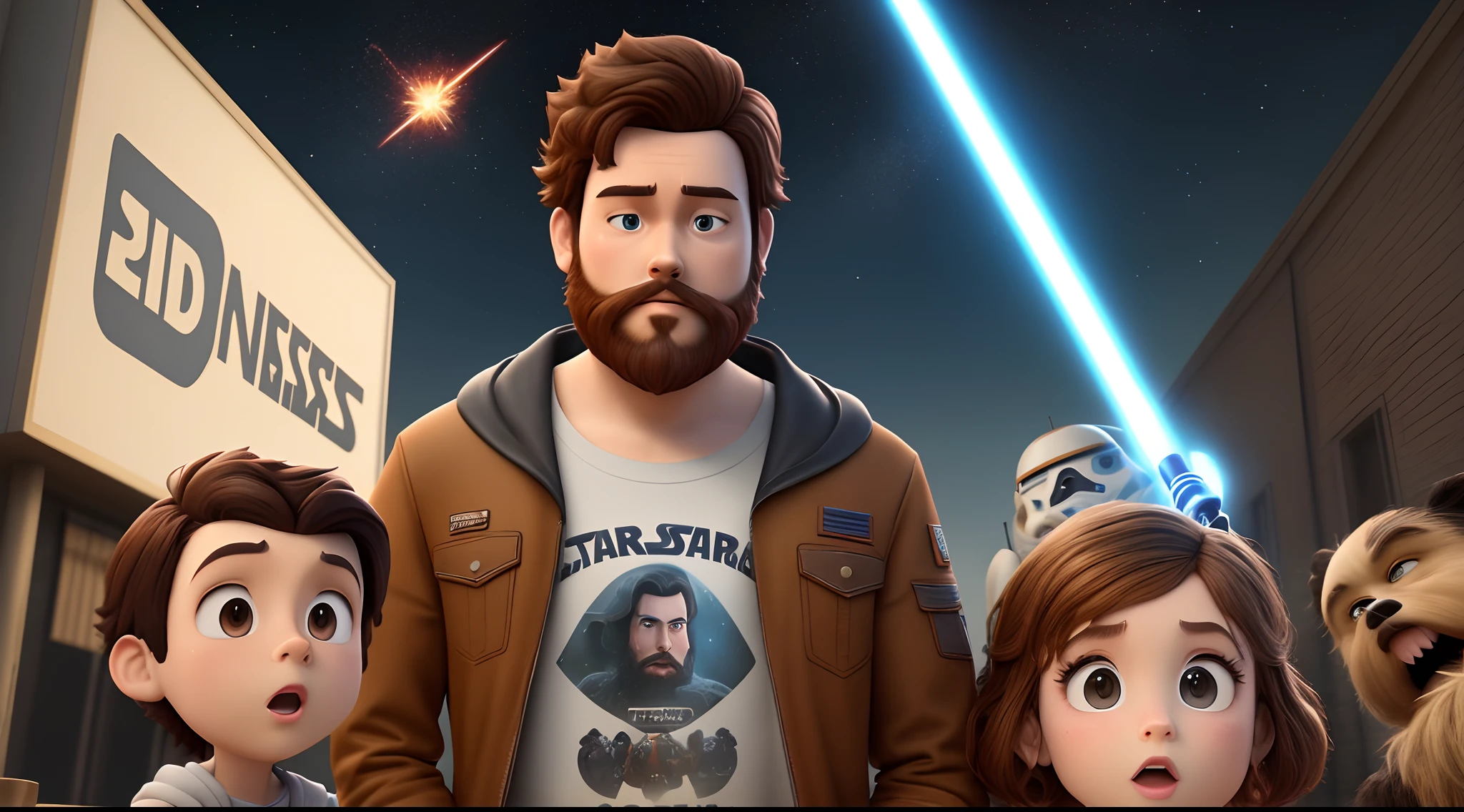 A 3d pixar disney style movie poster with the title "RICARDO" WITH A SPIKE BROWN HAIR WITH BROWN EYES WITH White skin WITH full beard with a star wars shirt