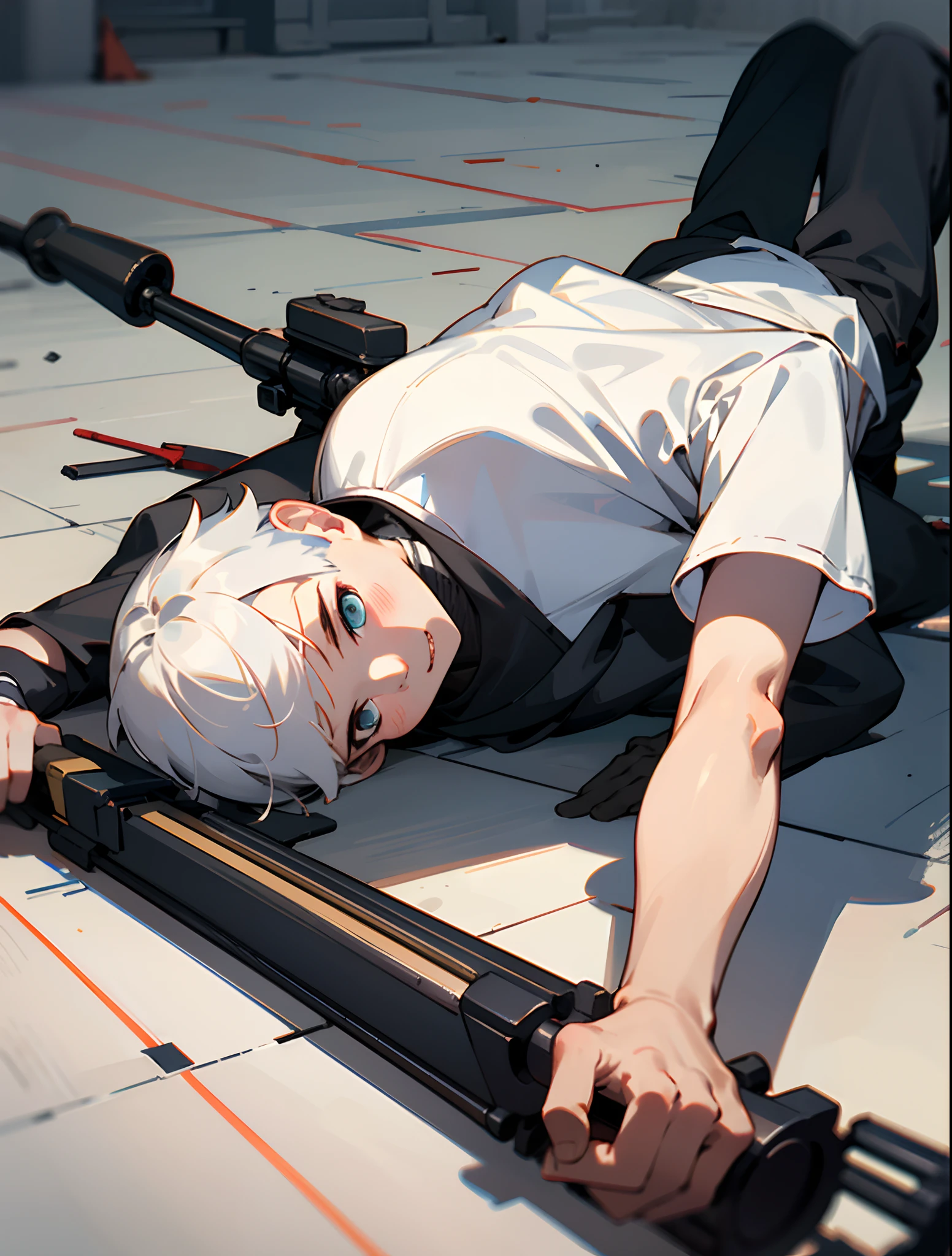 The boy with short white hair lies on the ground and aims his sniper rifle at his target
