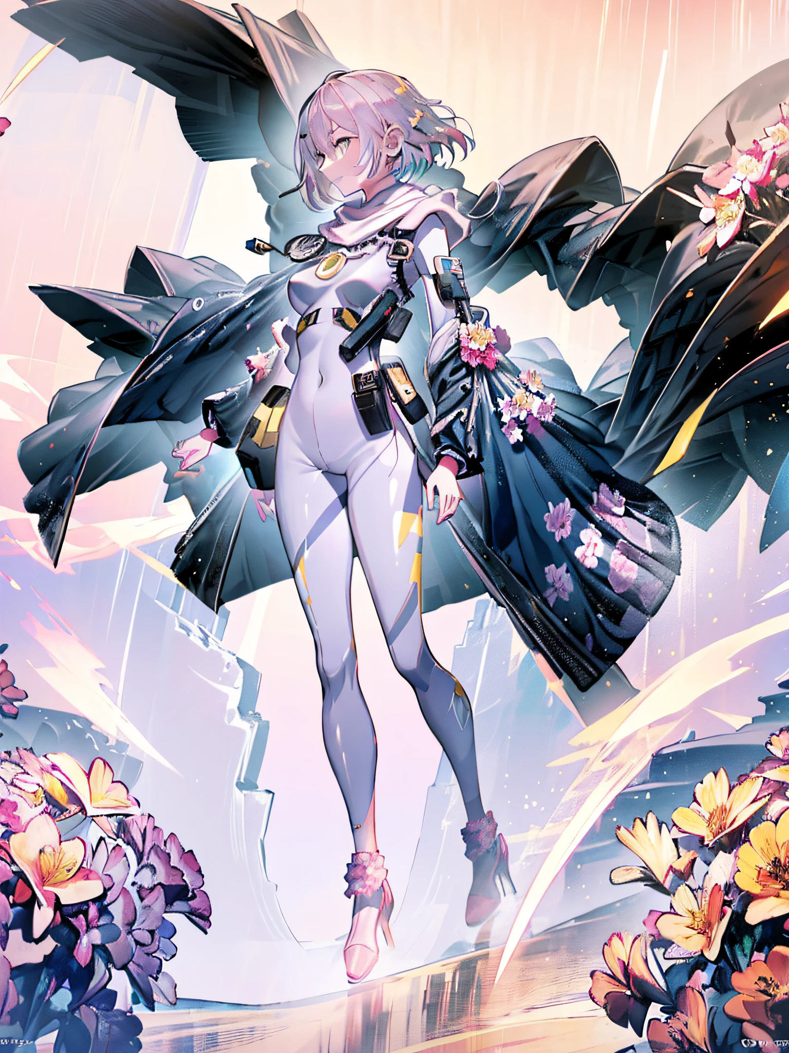 A girl in profile standing on the edge of a cliff, observing the horizon, the clouds are aligned at the height of her feet, a dawn mist, dew in the air, the girl is wearing a large scarf that is moving with the wind towards her front, tight pants, wearing a blouse for the cold, eterochromic eyes (((bright pink and yellow))), Short bob hair, long sideburns, big ass, thick thighs, some flowers around the scene, {CG unit wallpaper of 16k extremely detailed}, expansive landscape photography, (a low view focusing on the character and setting), (wide open field view), (low angle shot), (high light: 1.5), (low light: 1.5), (low light: 1.8), (warm light source: 1.4), complex details, (iridescent colors: 1.8), (bright lighting), (atmospheric lighting), dreamy, magical, aesthetic, (alone:1)