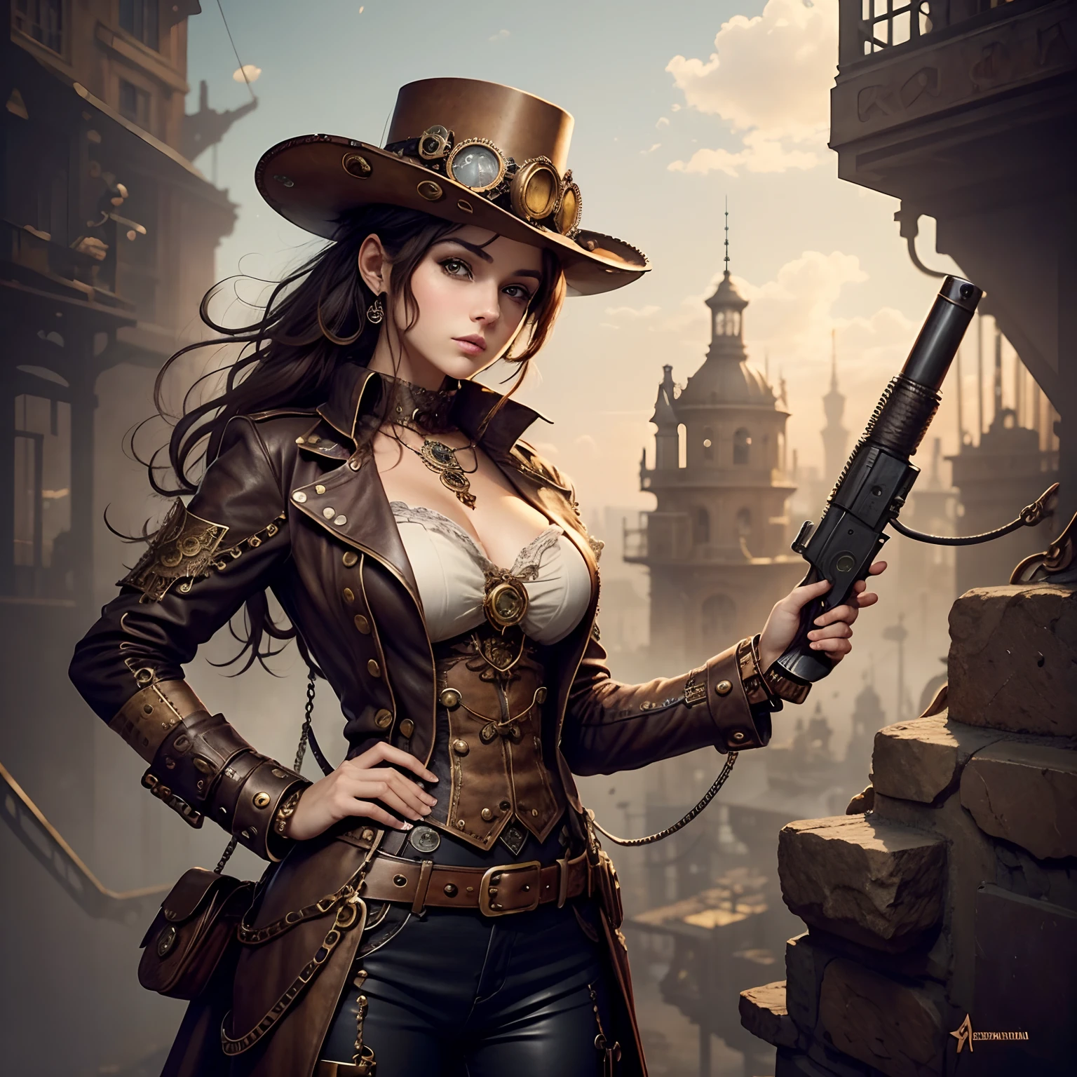 There's a woman wearing a Steam Punk hat and holding a gun.., Steampunk, usando trajes Steampunk, meninatora steampunk, (Steampunk), ( Steampunk ), estilo steampunk, Steam-punk, Steampunk Fiction, steampunk aesthetic, uma deusa Steampunk bonita, steampunk mulher anime bonita, Steampunk, fantasia Steampunk, estilo de fantasia steampunk, arte steampunk, arte digital steampunk, roupas Steampunk